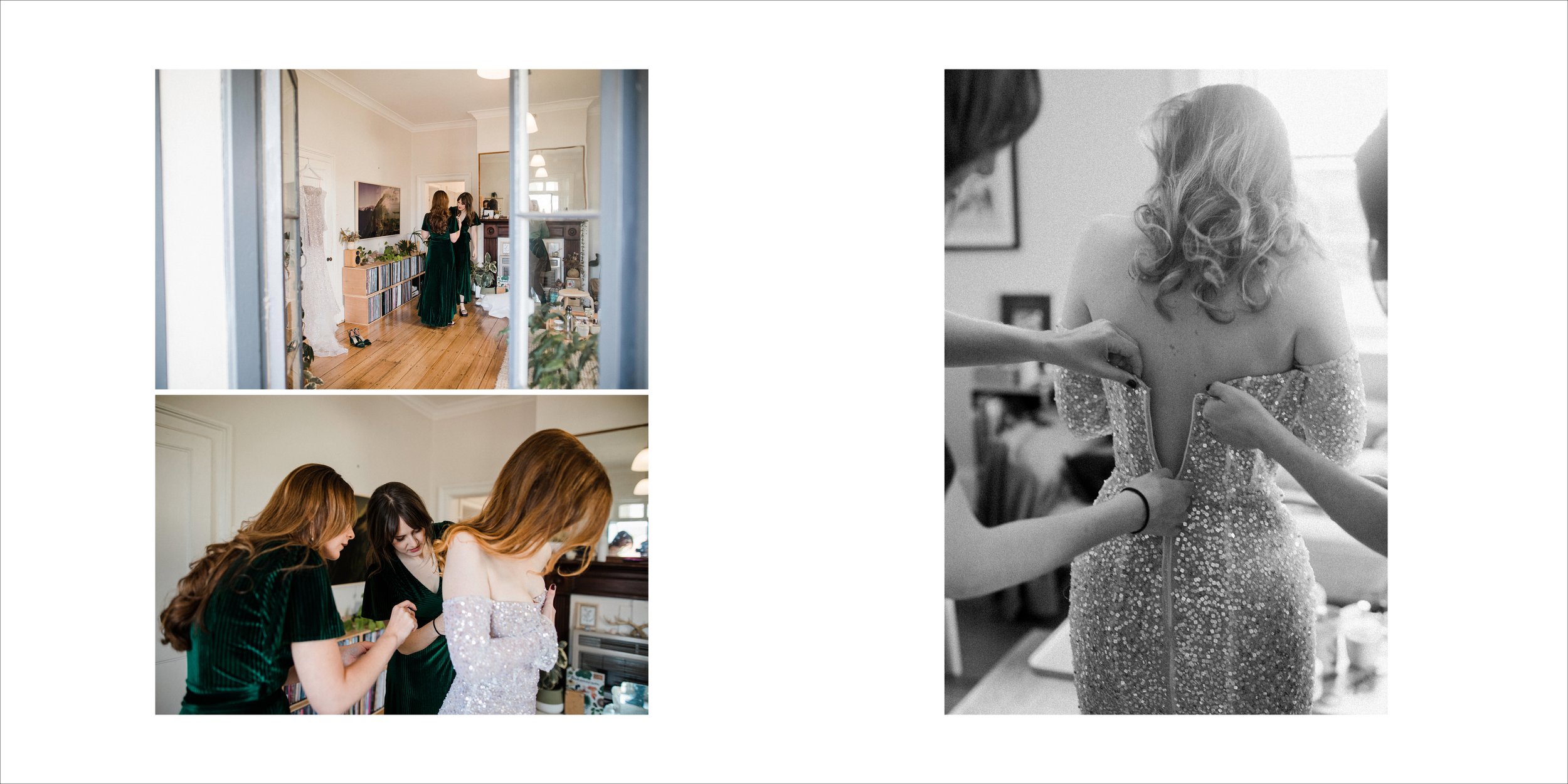 Three women preparing a woman in a sparkly gown for an event, with two images showing the women helping her put on the dress in a cozy room with books and decorations.
