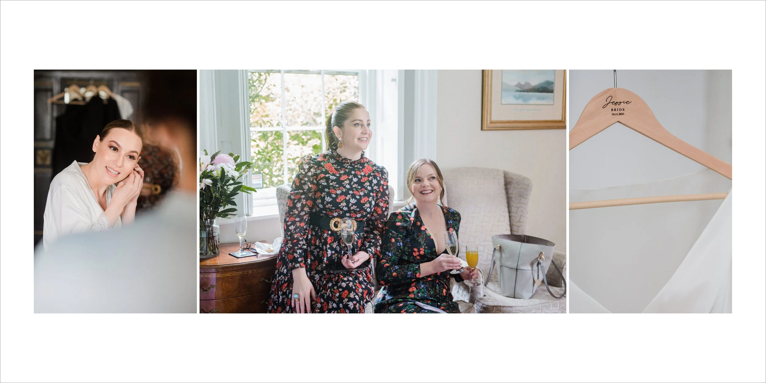 Three images: a bride looking at herself in a mirror, two women in floral dresses holding drinks, and an empty wedding dress hanger with a white dress and personalized label.
