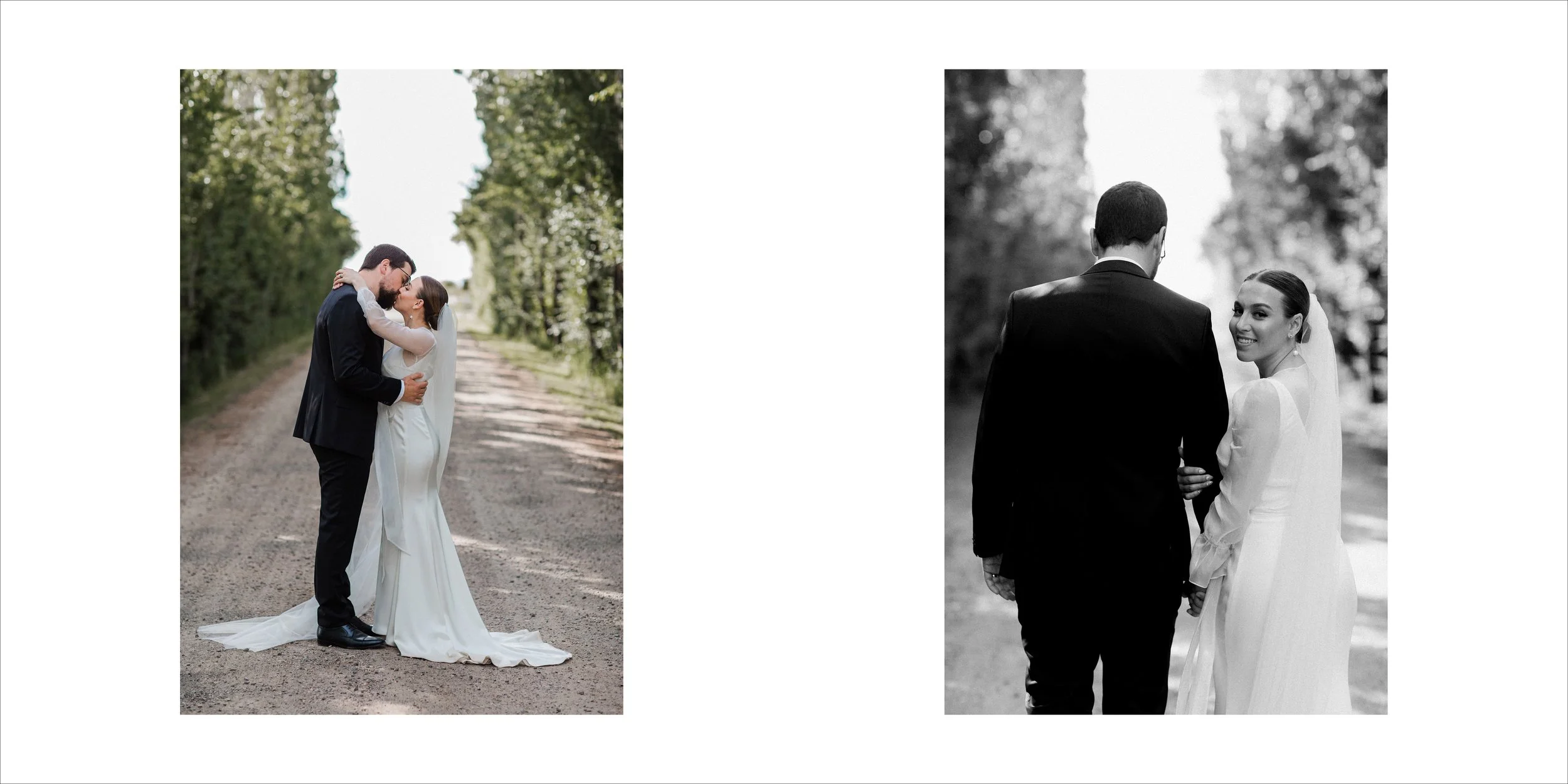 Two wedding photos, one in color showing a bride and groom kissing in the middle of a tree-lined dirt road, and the other in black and white showing the same couple holding hands and smiling, with the bride looking back at the camera.