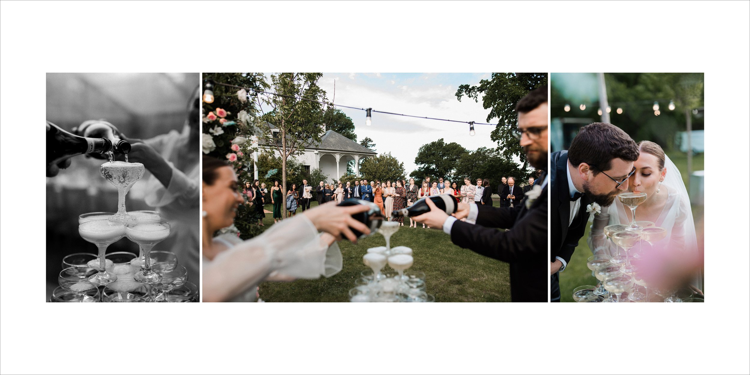 Wedding celebration with people pouring champagne into a pyramid of glasses outdoors during evening.