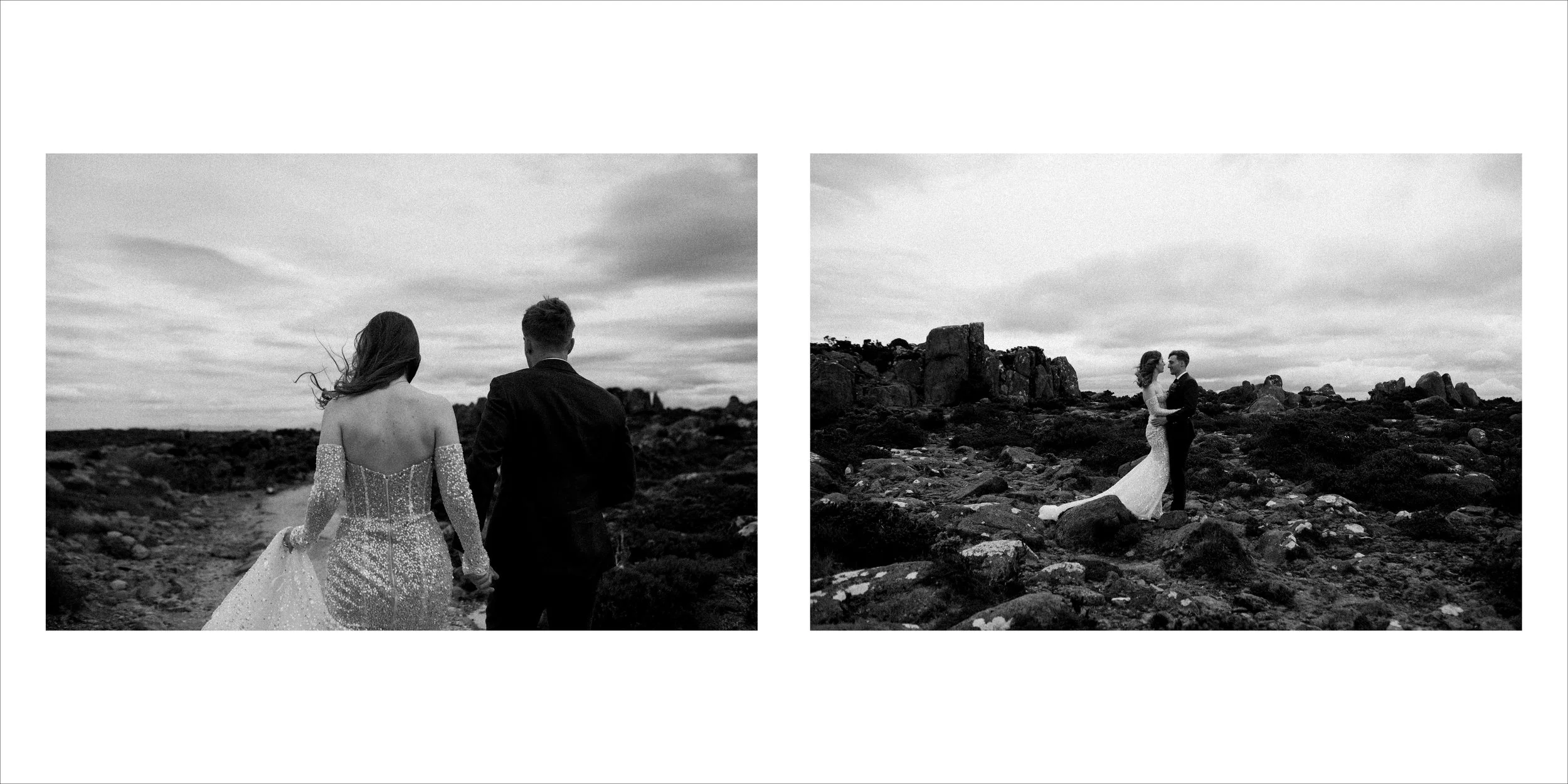Black and white side-by-side photos of a bride and groom outdoors in a rocky landscape. In the first photo, the couple is walking away from the camera, holding hands, with the bride in a long gown and the groom in a suit. In the second photo, they ar