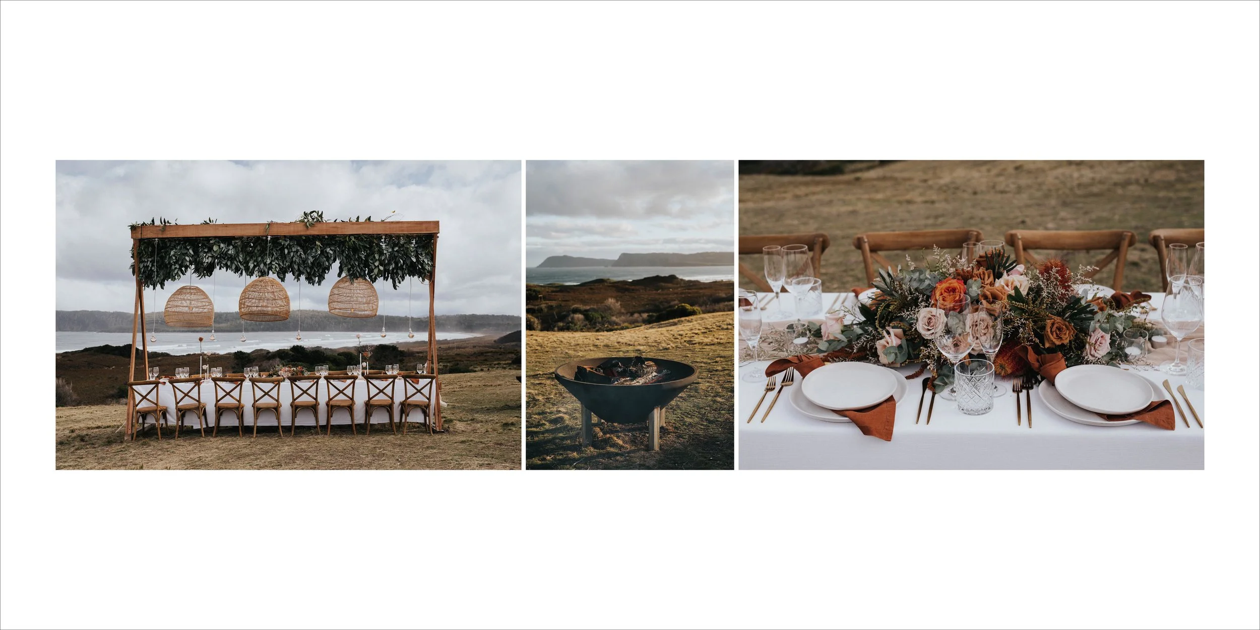 Outdoor wedding reception setup with a long dining table under a wooden structure adorned with greenery, overlooking a coastal landscape. Close-up of a round table with a floral centerpiece, plates, glasses, and gold cutlery, set for a formal dinner.