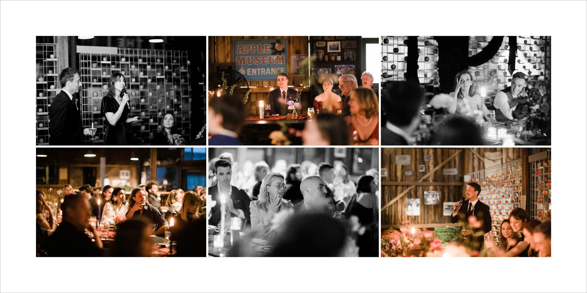 A collage of six photos from a wedding reception at a rustic barn. The top row shows speeches, with a woman giving a toast, a woman and man at the head table, and a woman and man talking. The bottom row captures the seated guests, an emotional moment