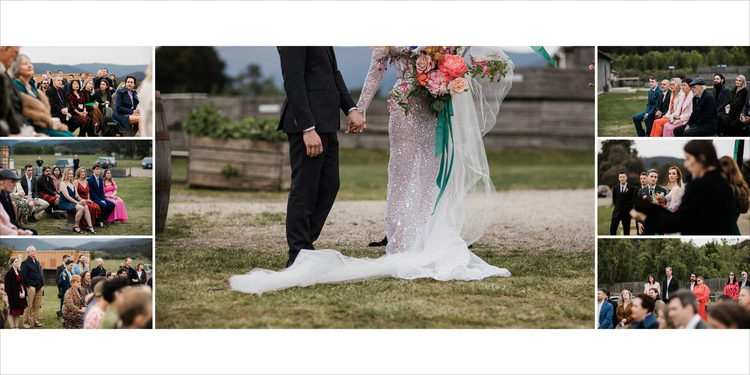 Wedding ceremony outdoors with a bride and groom holding hands, focusing on their lower bodies and wedding attire, including a beaded gown with a train and a suit. Guests are seated and standing in the background, watching the ceremony.