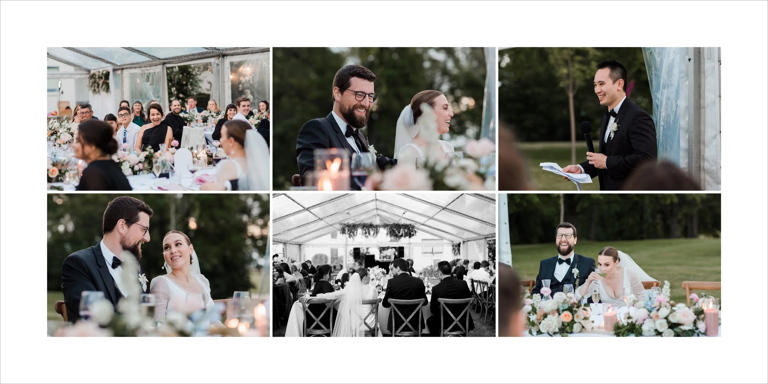 A collage of six images from a wedding celebration, including guests at a reception, the bride and groom smiling and listening to speeches, and the wedding party seated at a table outdoors under a tent decorated with flowers and candles.