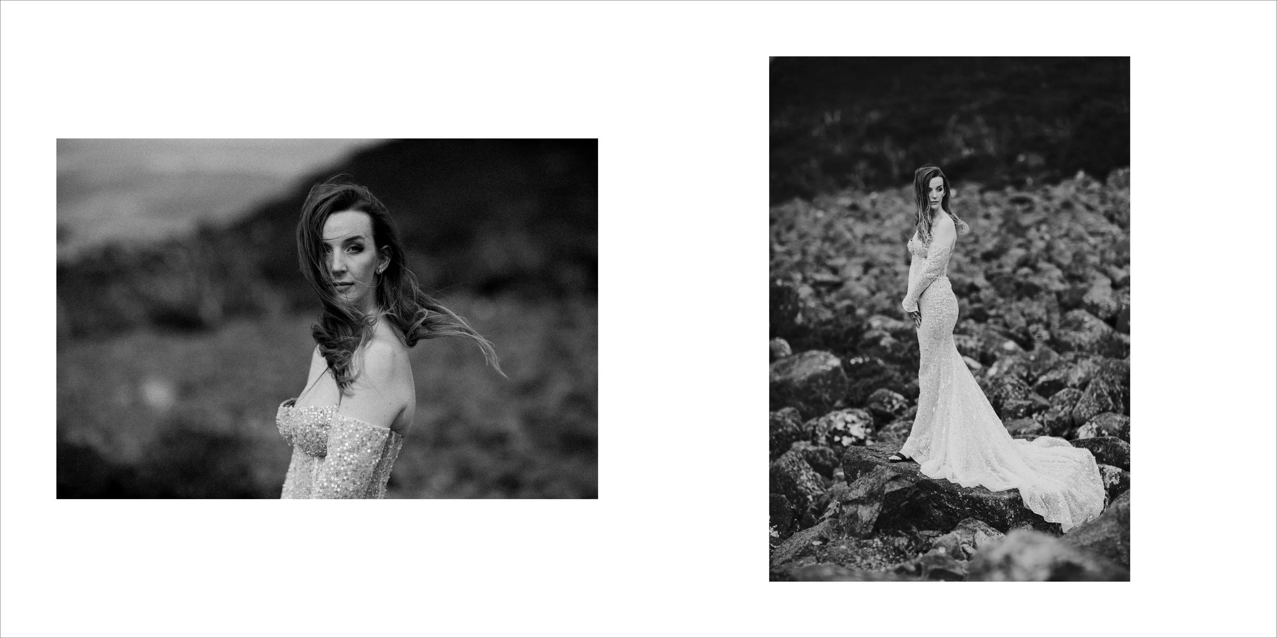Two black and white photos of a woman in a flowing dress posed outdoors on rocky terrain. The left photo shows her from the waist up, with loose hair and looking at the camera, while the right photo shows her full body standing on rocks, facing sidew