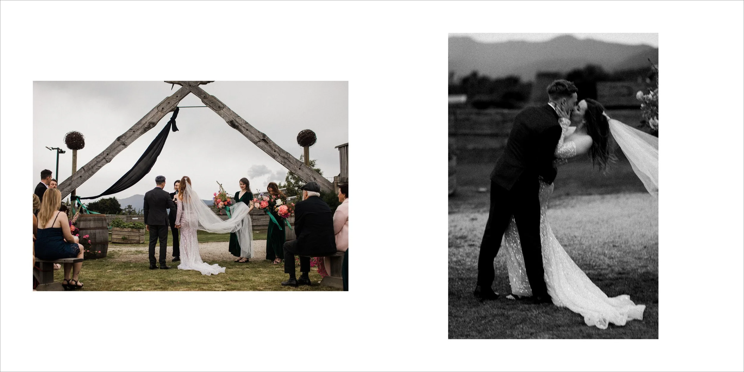 A wedding ceremony outdoors with a couple kissing and their officiant. The image is in black and white.