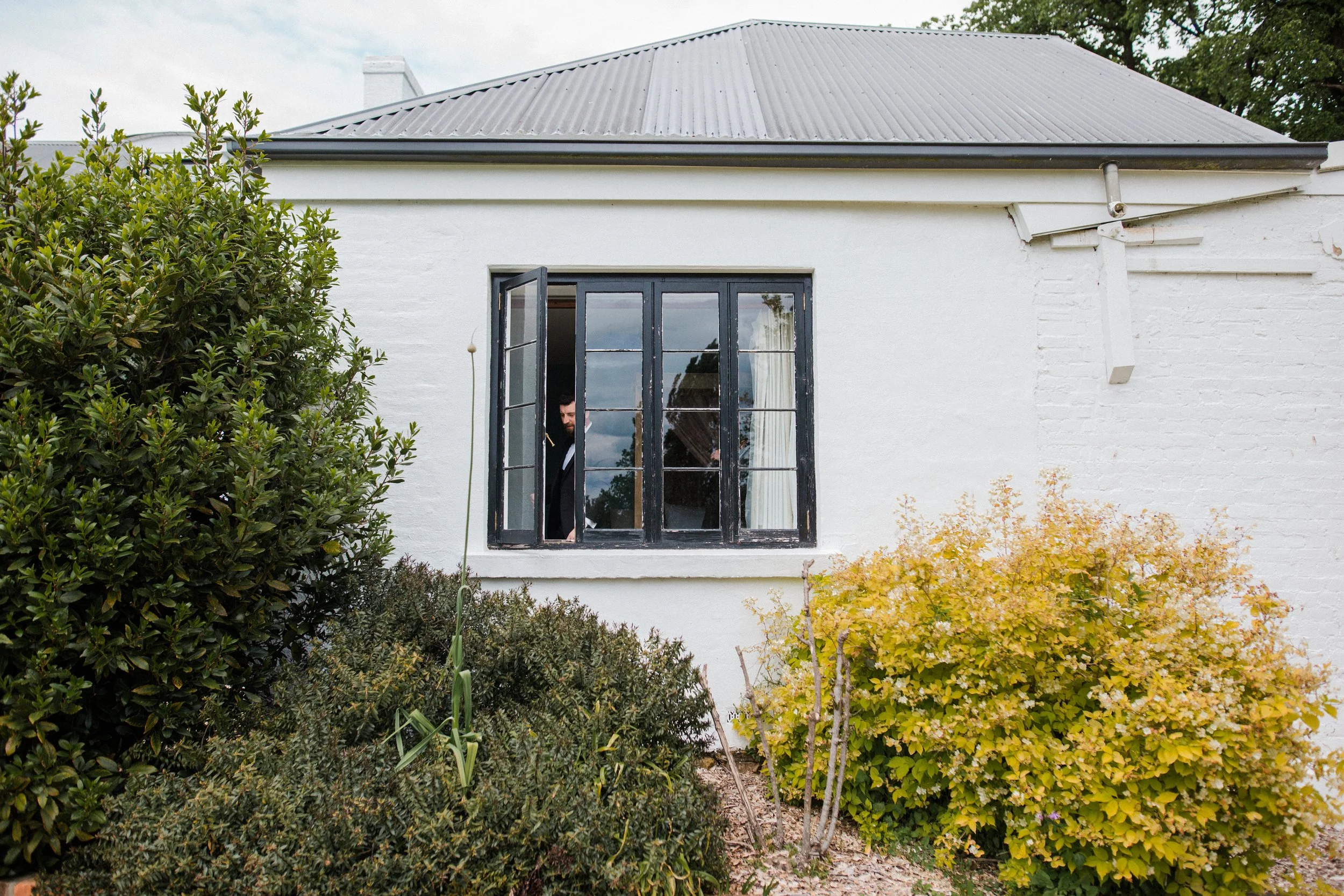 A man in a black suit standing by a window of a white house, partially visible through the open window, surrounded by bushes and plants.