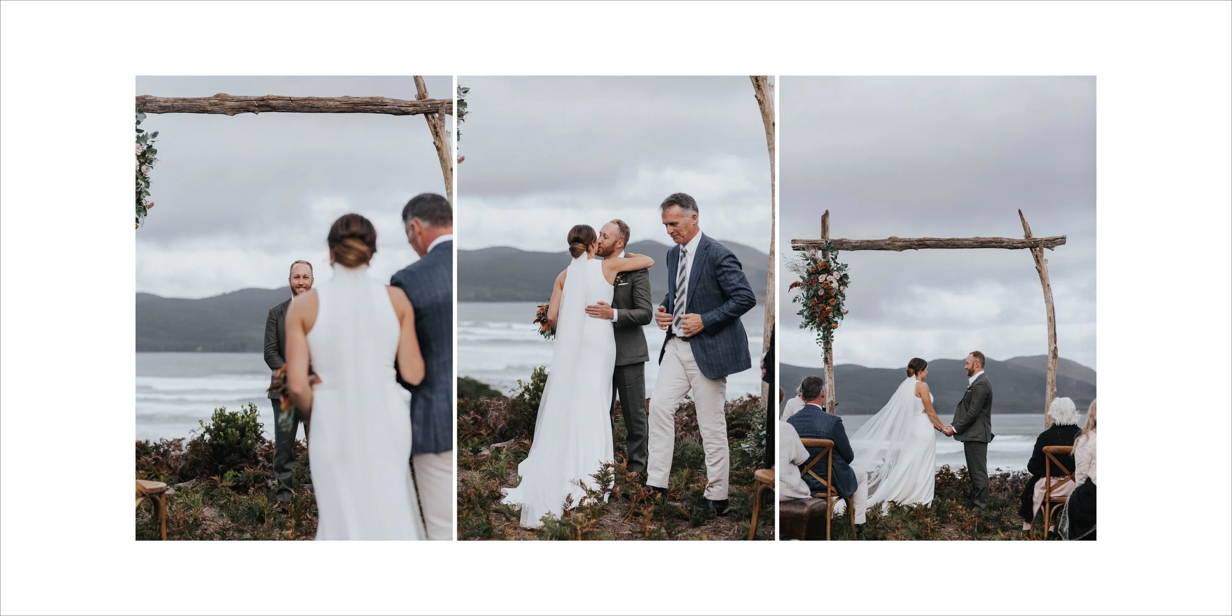 A three-panel sequence of a wedding ceremony outdoors near a lake, with mountains in the background. The bride and groom are holding hands and standing under a rustic wooden arch decorated with flowers. Guests are seated and watching as the couple ex