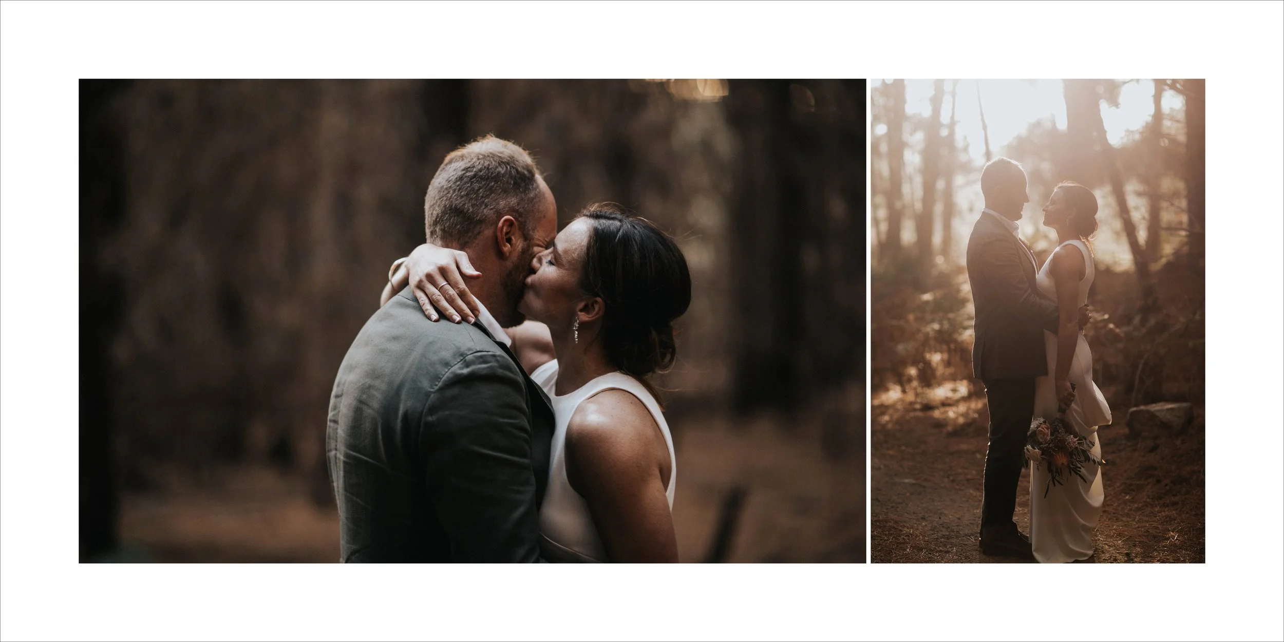 Two couples sharing intimate moments in a forest during sunset, with one couple kissing and the other holding a bouquet of flowers.