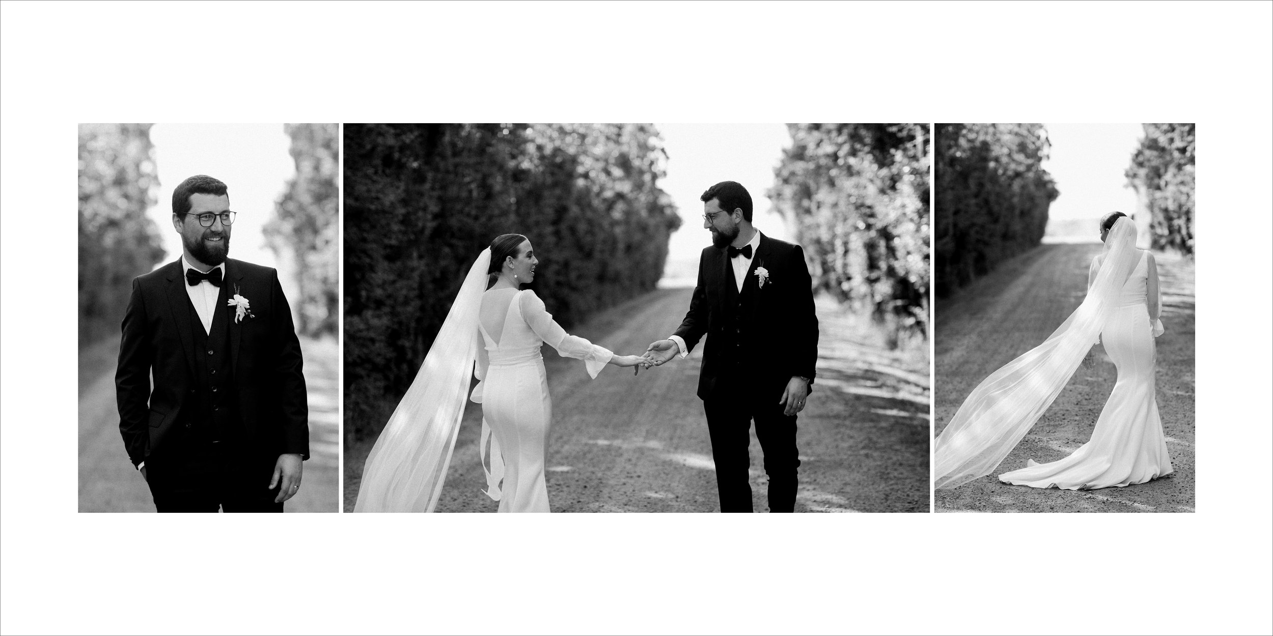 Black and white wedding photos of a bride and groom in outdoor setting. The middle photo shows the couple holding hands, facing each other, smiling. The groom wears a tuxedo, and the bride wears a white wedding dress with a long veil. The left and ri