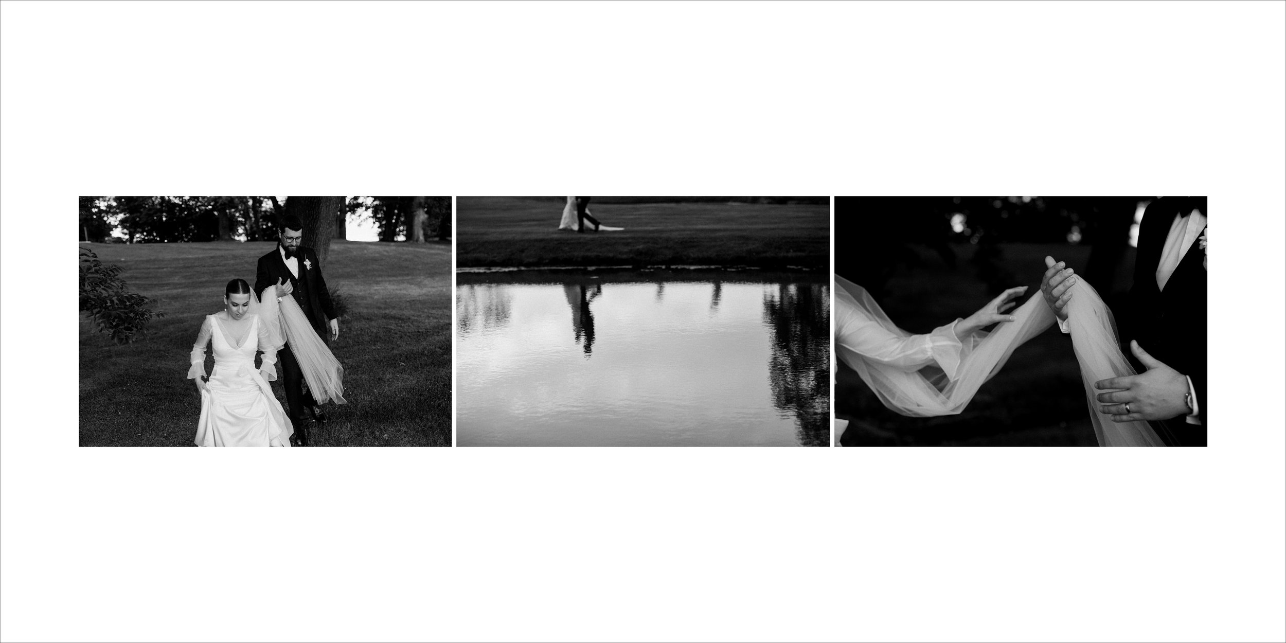 Black and white triptych of a wedding scene: first panel shows a bride and groom walking together outdoors, the bride in a white gown and the groom in a dark suit; second panel shows their reflection in a pond with a person walking in the background;