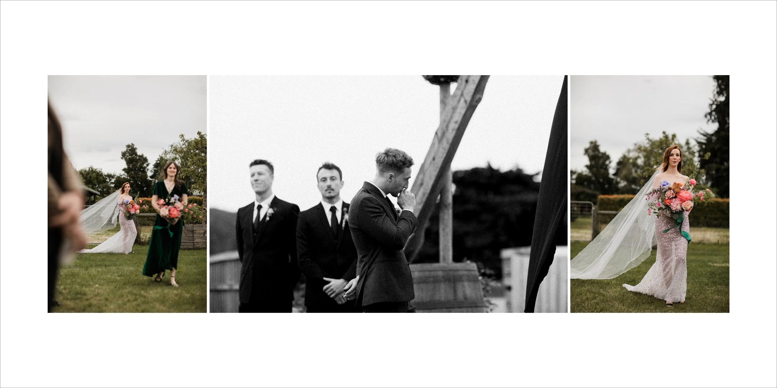A sequence of three wedding photos. The first and third are color images of a bride with long hair holding a large bouquet of pink, orange, and purple flowers, wearing a white wedding dress and veil, standing outdoors on a grassy field with trees in 