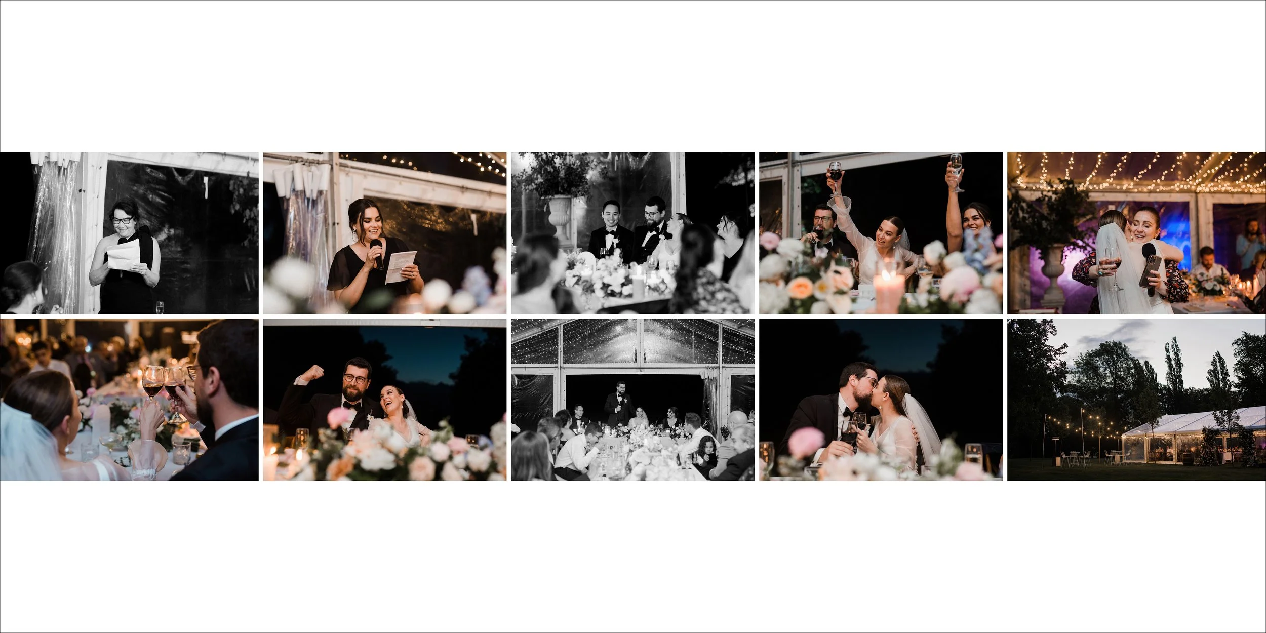 Wedding celebration with speeches, couple toasts, hugging, and dancing in outdoor setting with string lights and reception tents at night.