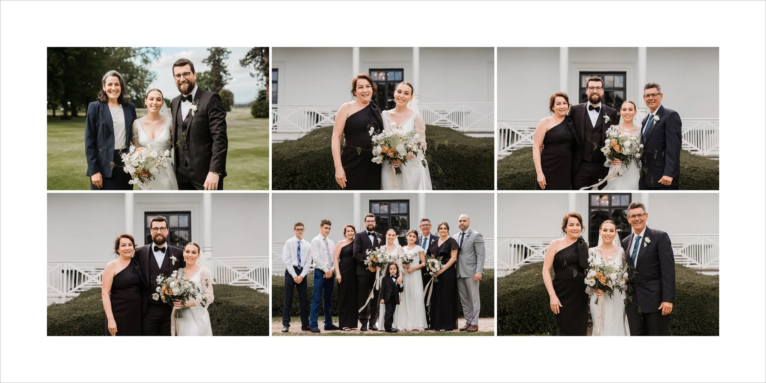 A collage of wedding celebration photos, featuring a bride with her family and wedding party outdoors and in front of a white building.