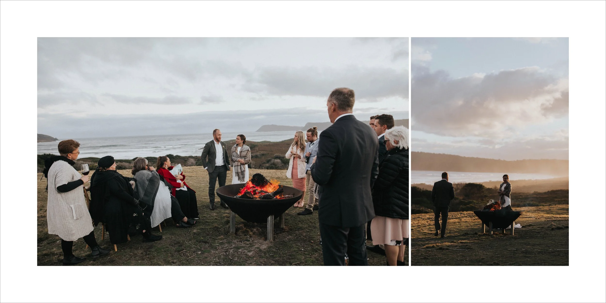Group of people attending an outdoor gathering around a fire pit on a grassy landscape near the coast, with ocean and cloudy sky in the background, during sunset or late afternoon.