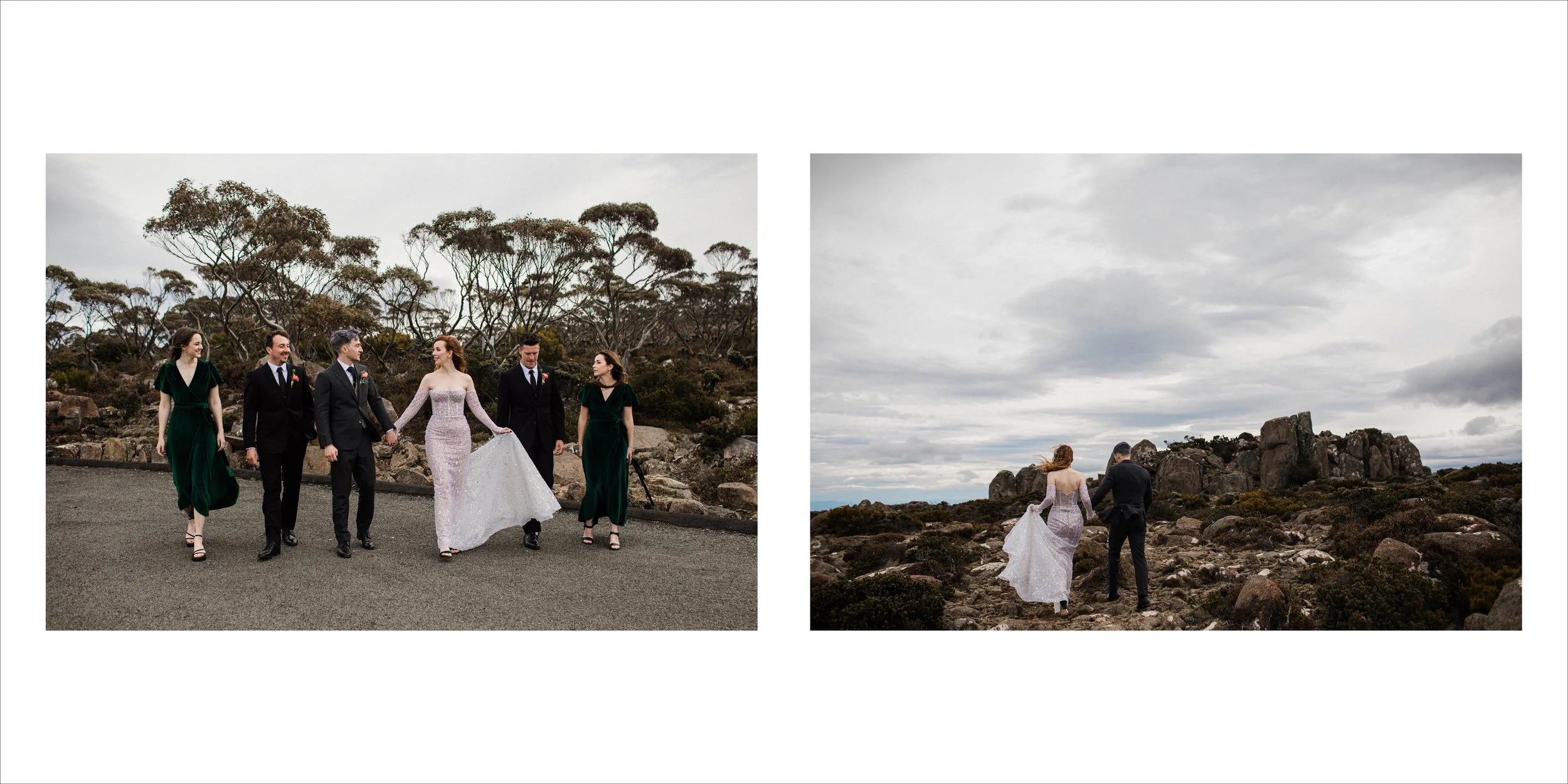 A wedding party walking outdoors with a rocky landscape and cloudy sky. In the left image, five people, including a bride in a white dress and groom in a black suit holding hands, are walking on a paved path. In the right image, the bride and groom w