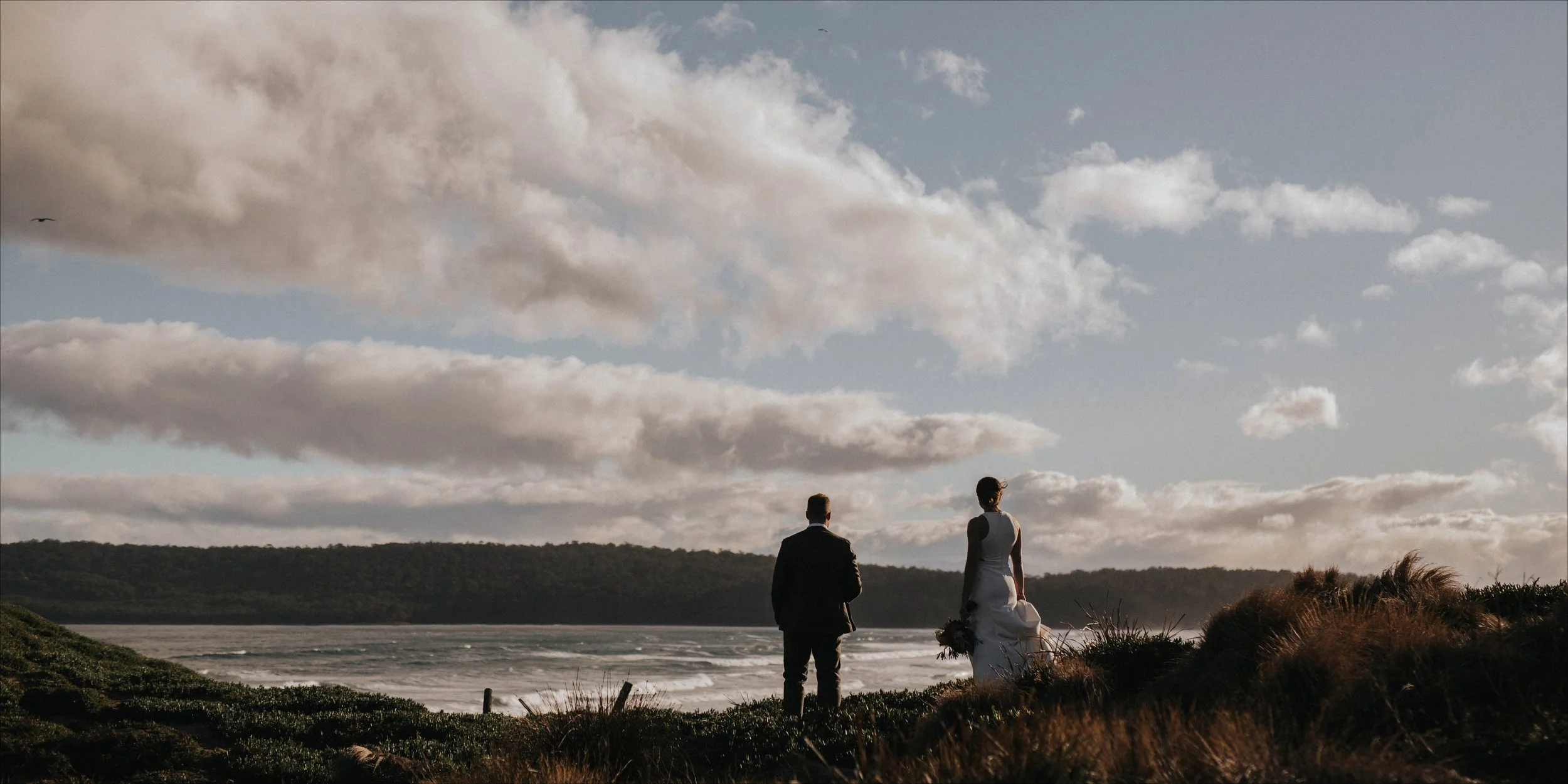 A couple dressed in formal wedding attire standing on a grassy hill overlooking the ocean, with clouds in the sky.