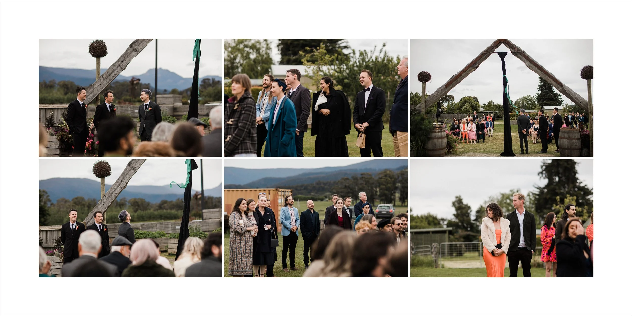 Wedding ceremony outdoors with guests and wedding party, decorative archway, mountains in the background, cloudy sky.