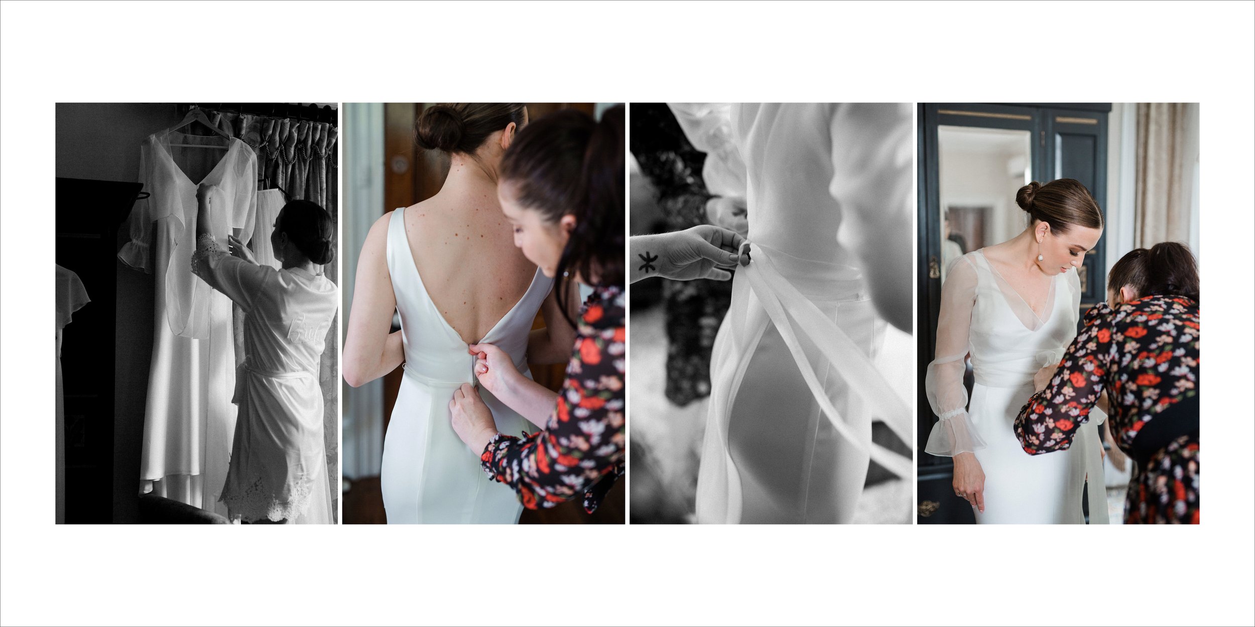 A bride getting dressed as a woman help with her wedding gown in a room, with a reflection in the mirror and a black and white photo of the dress hanging.