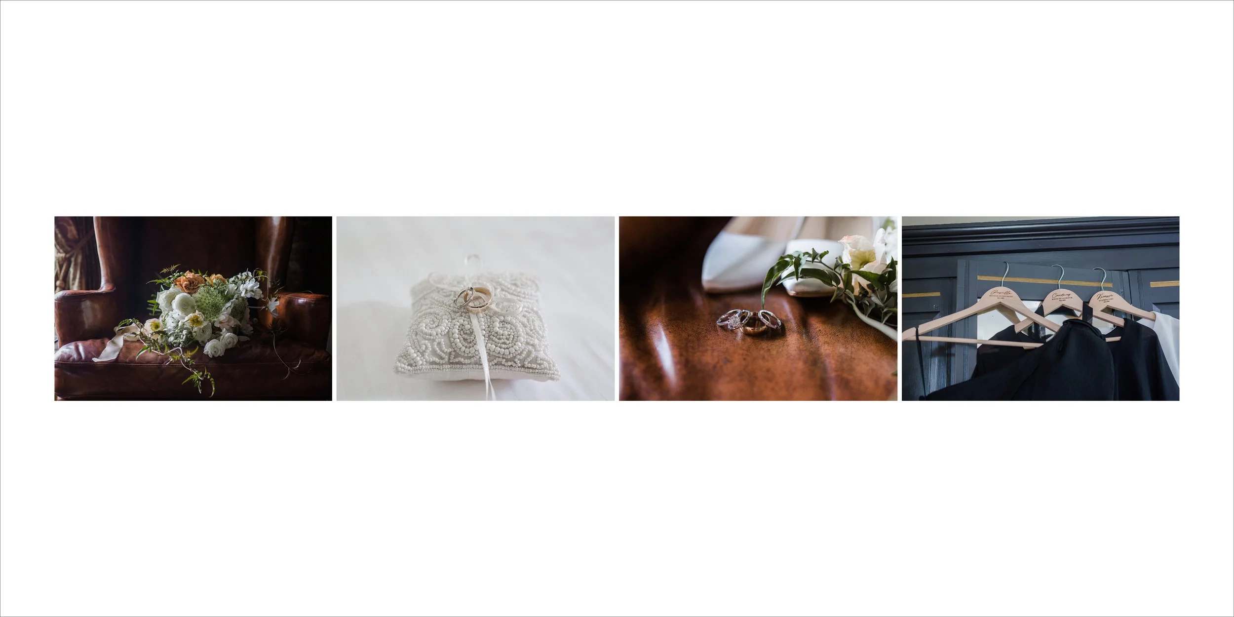 A collage of four images with wedding items: a bouquet of white flowers on a brown leather chair, wedding rings on a beaded pillow, wedding rings on a wooden surface with a white flower, and wedding dresses hanging on black wooden wardrobe doors.