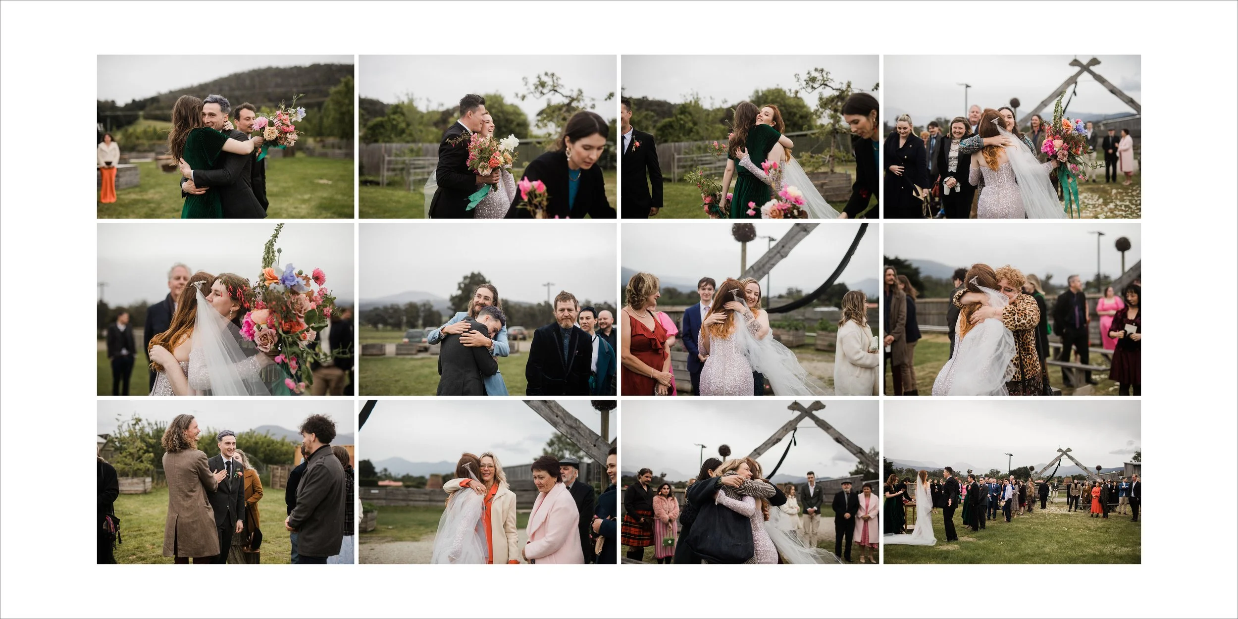 A collage of photos from a wedding celebration outdoors, showing guests hugging, embracing, and greeting the bride and groom, with a scenic landscape and overcast sky in the background.