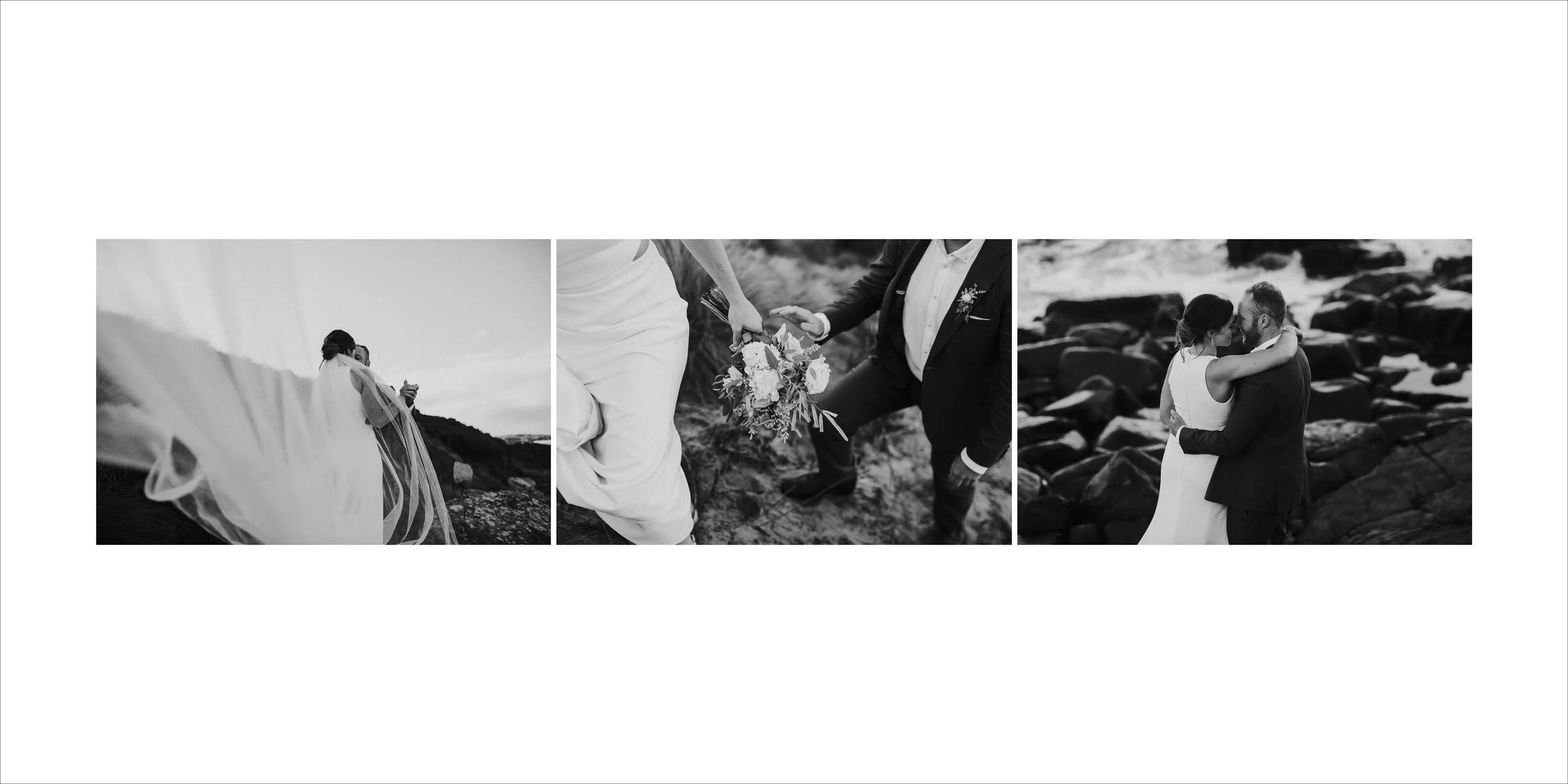 Three black and white wedding photos. The first shows a bride with her veil flowing in the wind in an outdoor setting. The second depicts a couple holding hands, with the groom kneeling and presenting a bouquet to the bride. The third features a brid