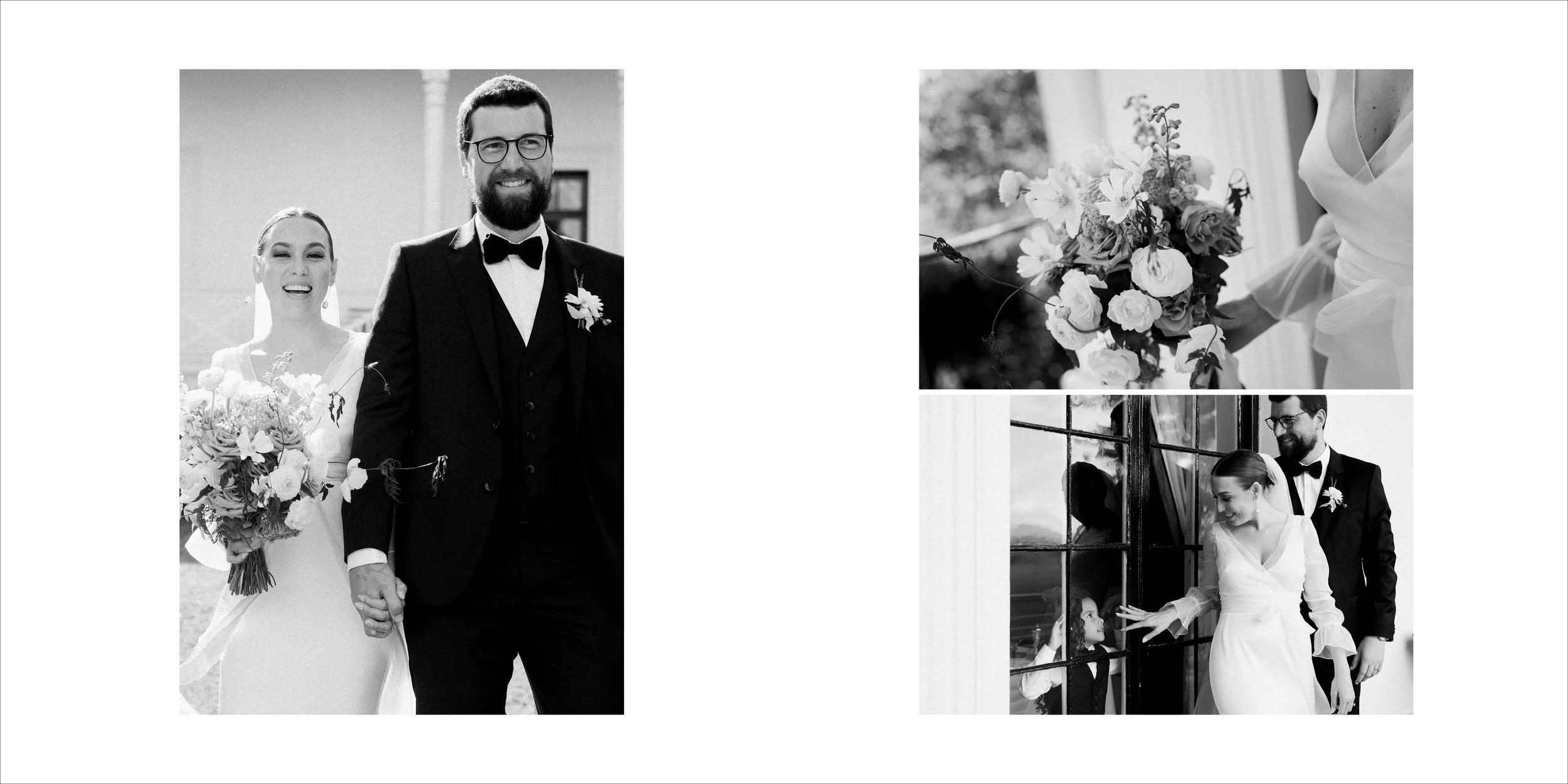 Black and white wedding photos featuring a smiling bride and groom dressed in formal attire, holding hands outdoors, with close-up of a floral bouquet, and a woman in a white dress with a veil and a man in a suit with a boutonniere standing near a wi