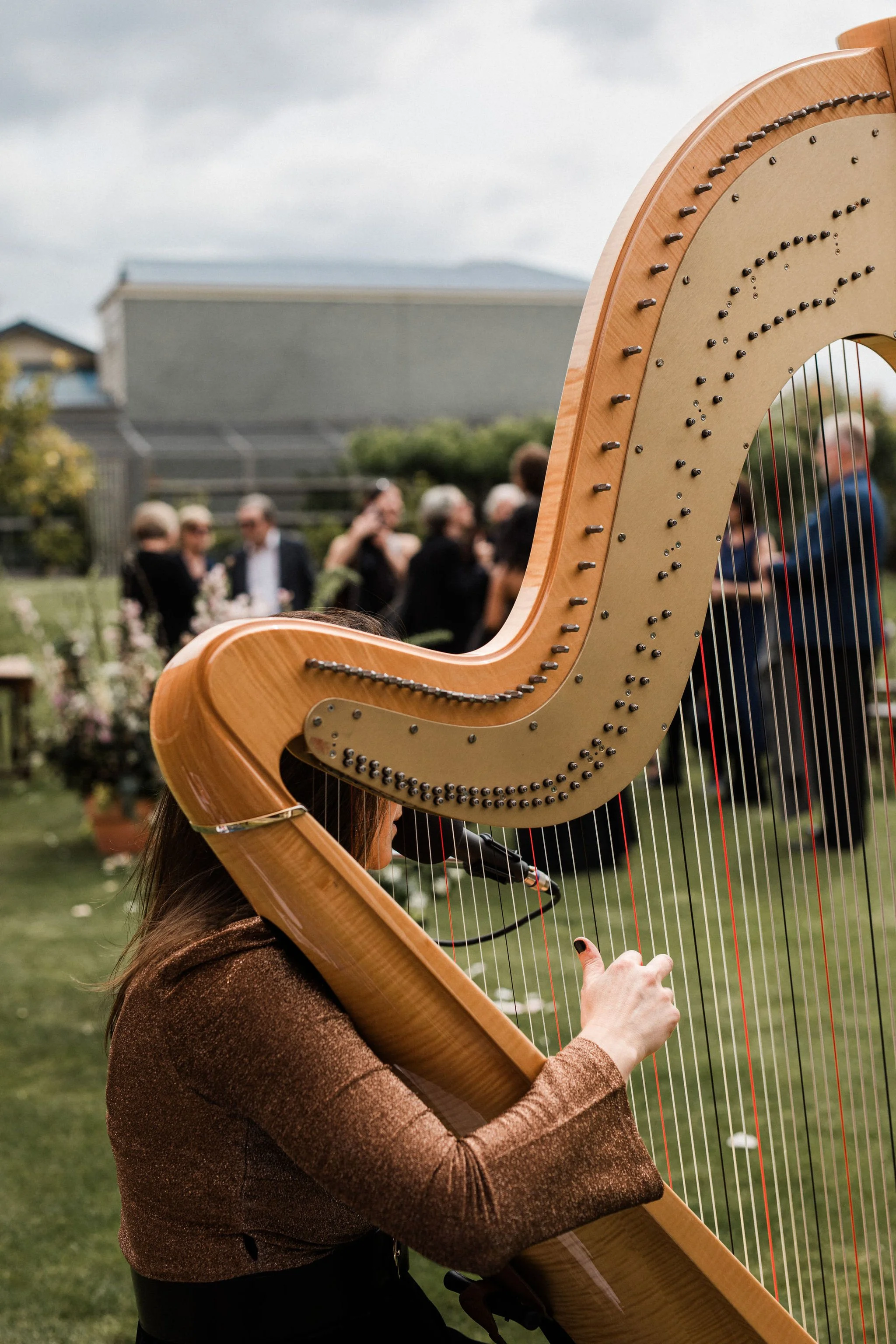 Harper playing a harp at an outdoor event with guests in the background.