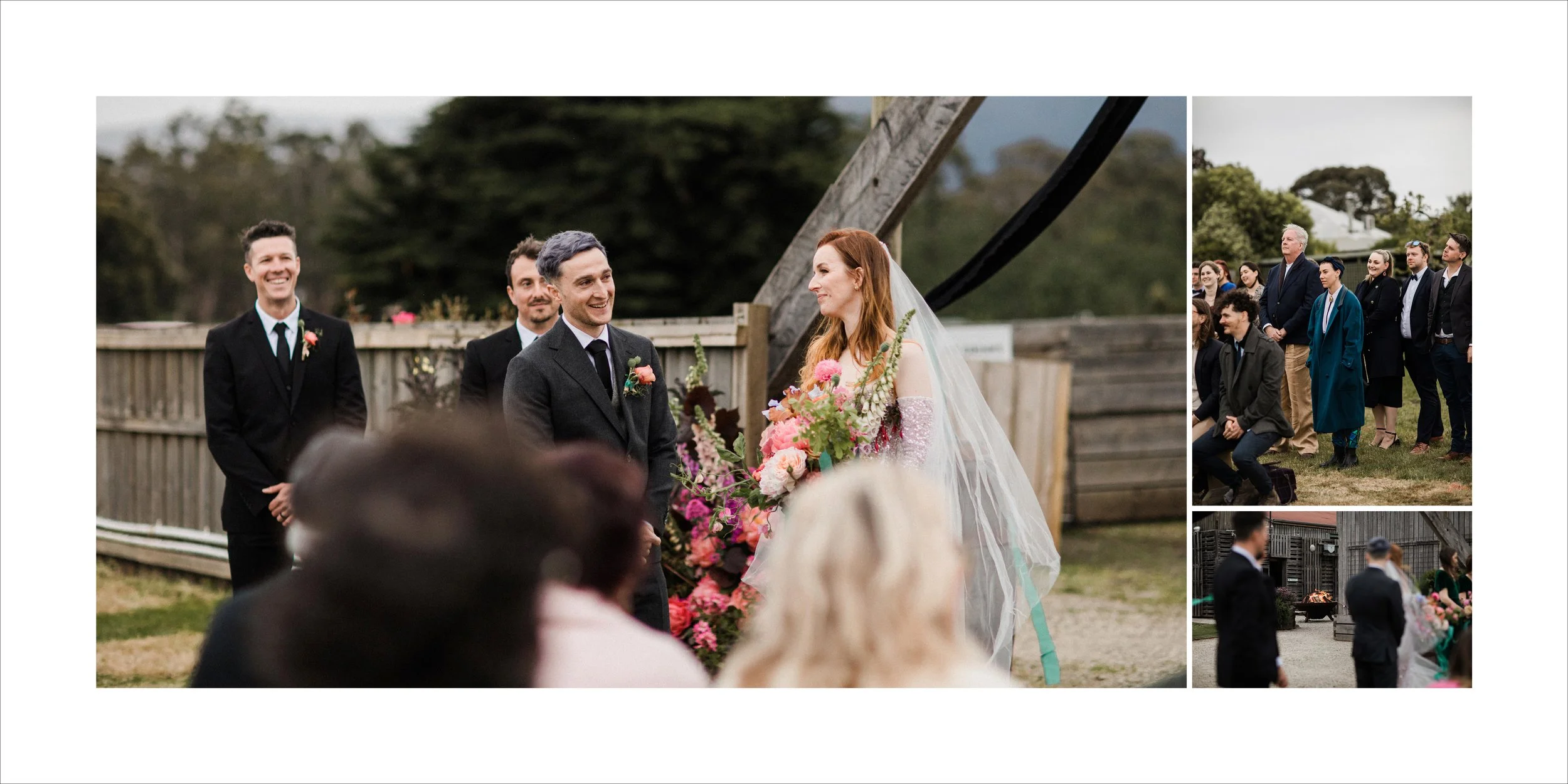 A wedding ceremony outdoors with a bride and groom exchanging vows, surrounded by guests. The bride is holding a floral bouquet and wearing a veil. The groom and some male guests are dressed in suits, while female guests wear formal attire.