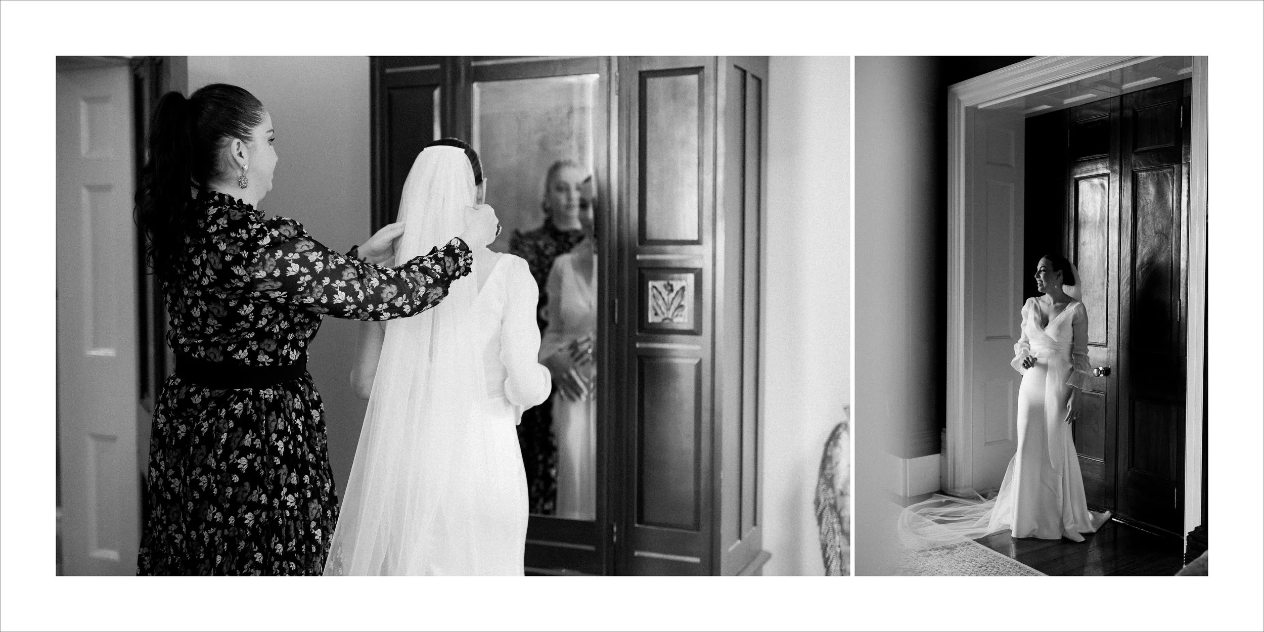 A black and white photo of a bride in a wedding dress standing near a wooden door, smiling and looking away. In the adjacent frame, a woman is helping another woman with a veil, while another woman looks on in the background.
