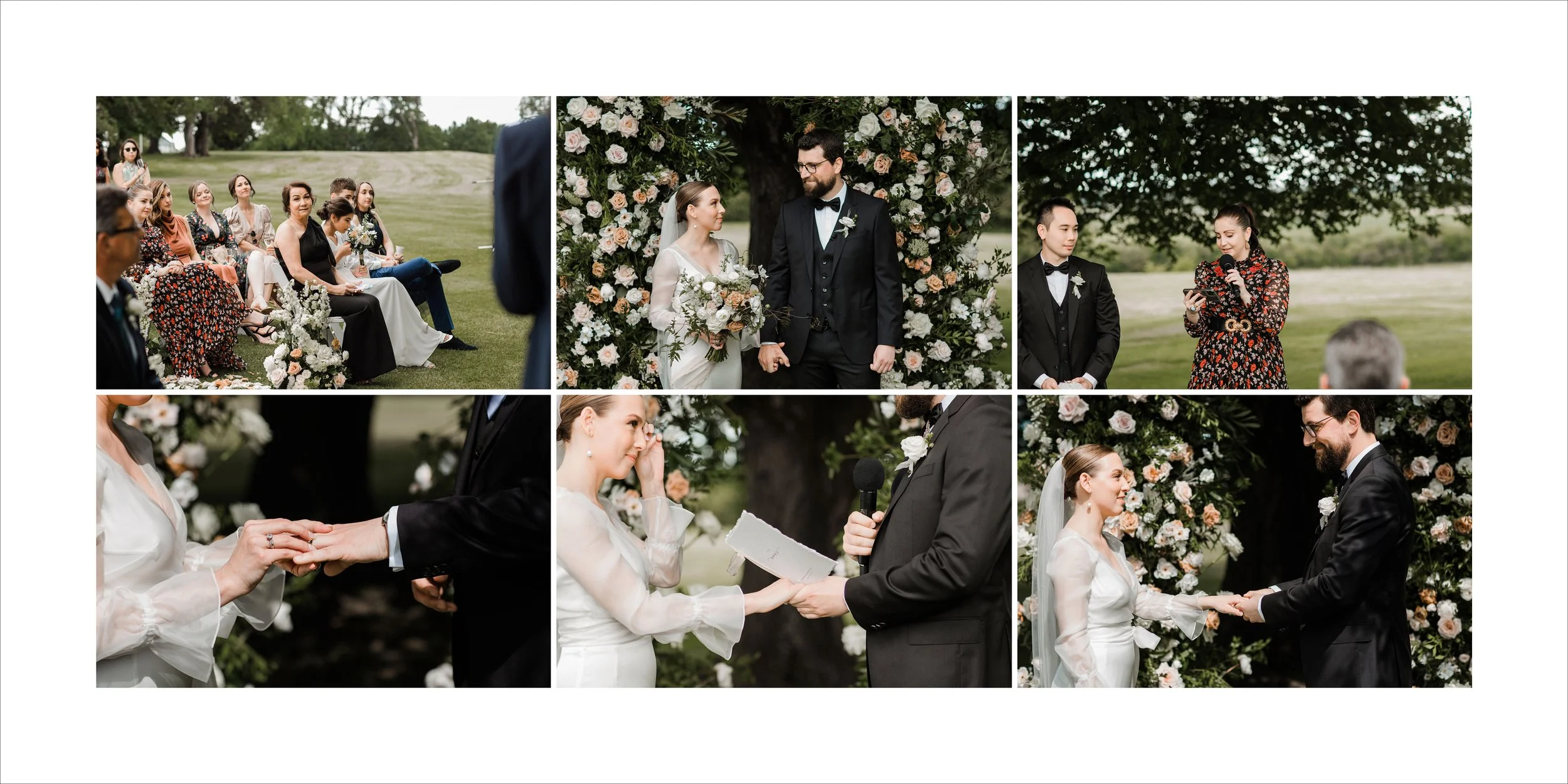Wedding ceremony with bride and groom exchanging vows outdoors under a large tree, guests seated on the grass, wedding officiant reading vows, exchanging rings, and the wedding party standing in front of a floral backdrop.