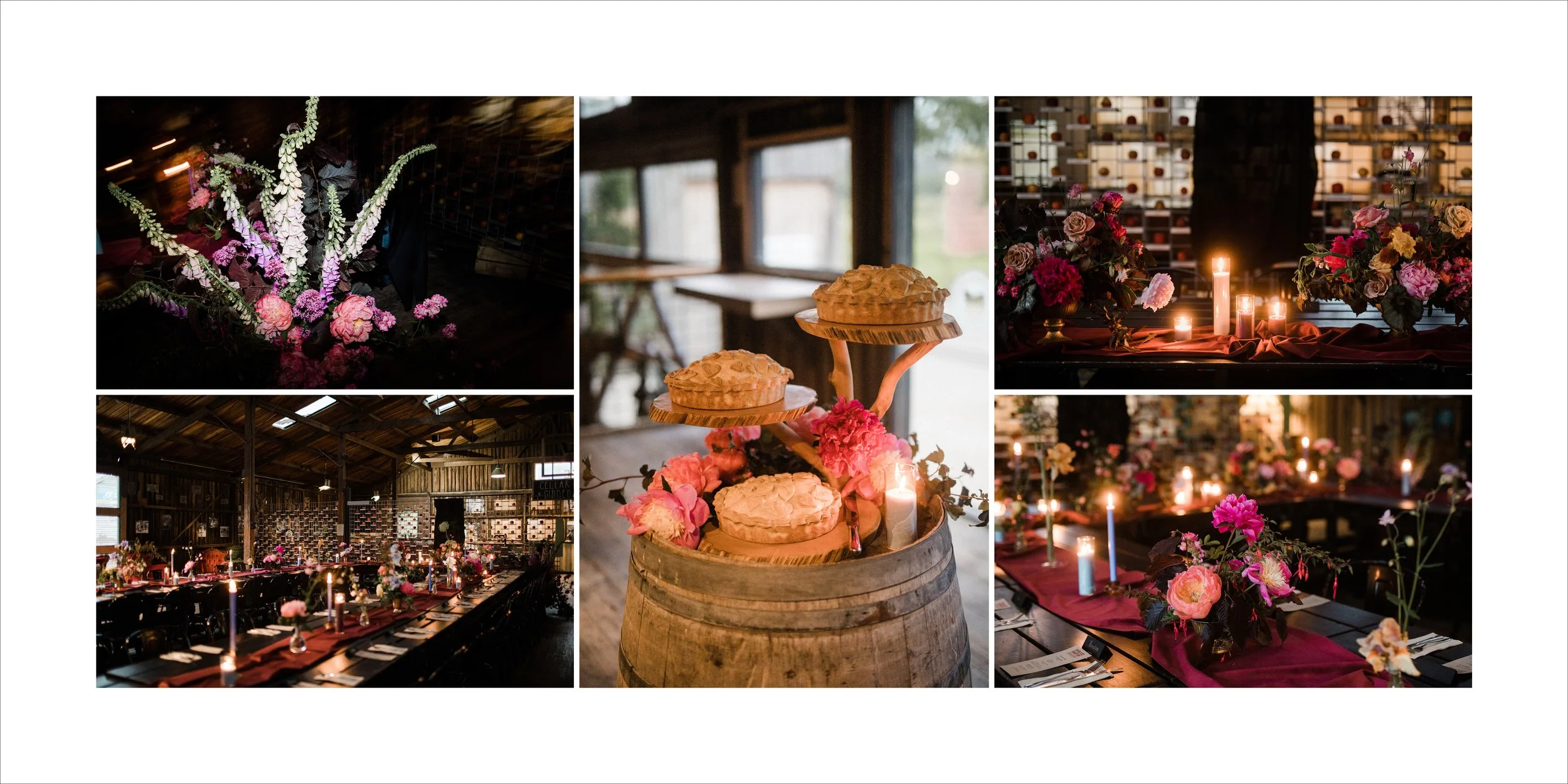 Decorated indoor event space with pink flowers, candles, and wine barrels.