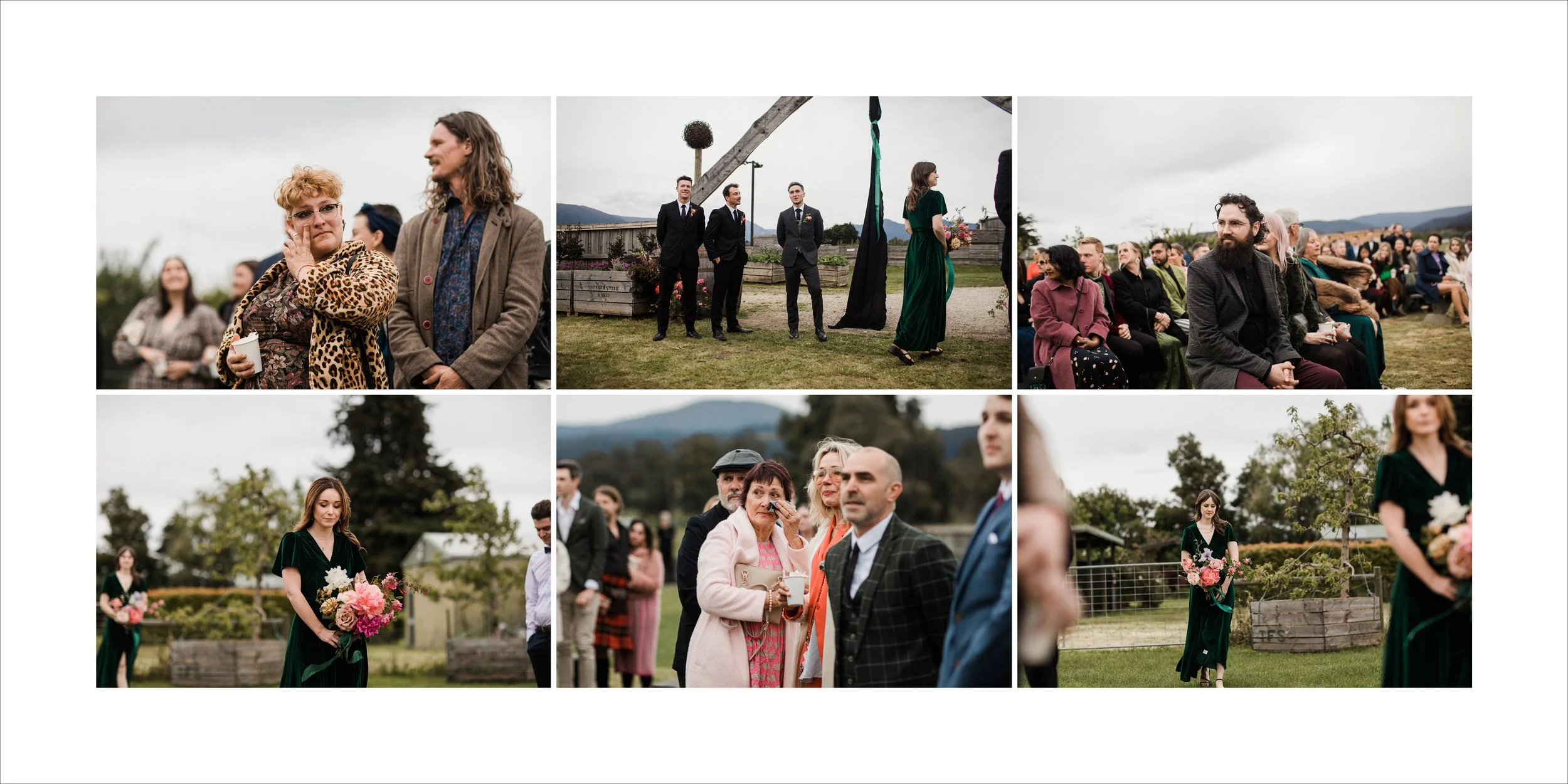 A collage of photos from an outdoor wedding ceremony featuring guests, the wedding party, and the officiant in a green dress holding a bouquet of pink and white flowers, with guests seated on grass and trees in the background.