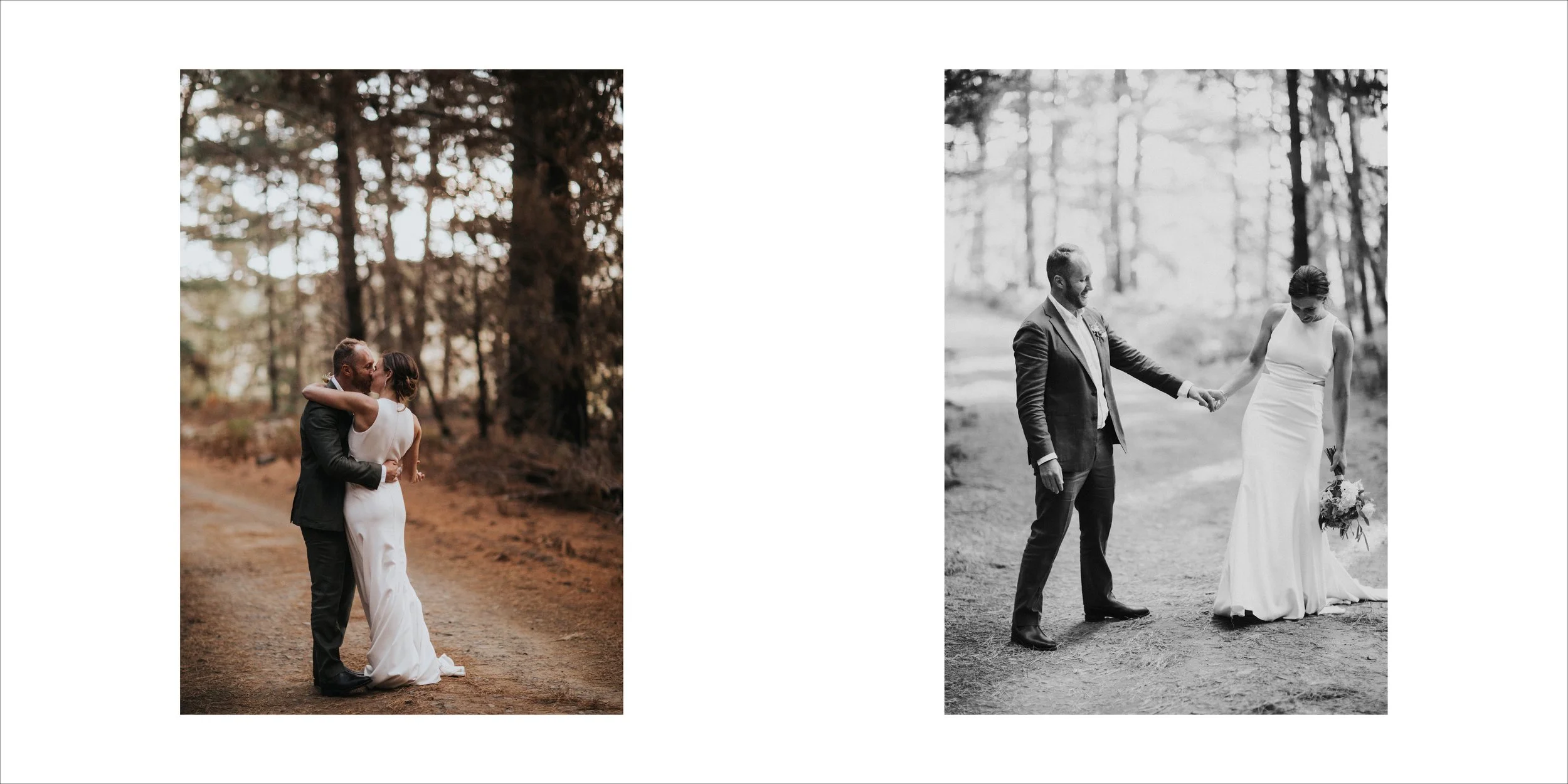 Two photos of couples in wedding attire in a forest setting. The left photo is in color and shows a bride and groom hugging and kissing on a dirt path among trees. The right photo is in black and white, with the groom holding the bride's hand as she 