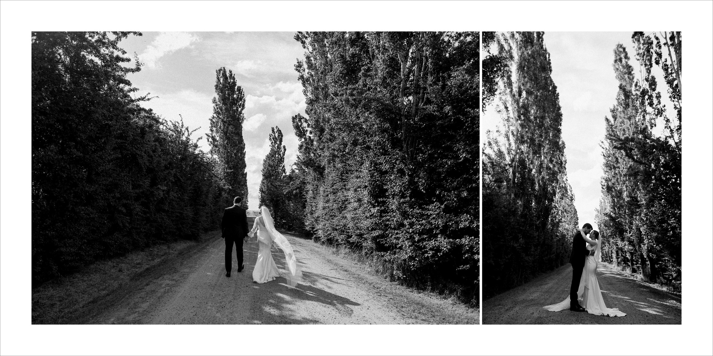 Black and white photos of a bride and groom on a tree-lined dirt path, walking hand in hand in the first image and embracing in the second image.
