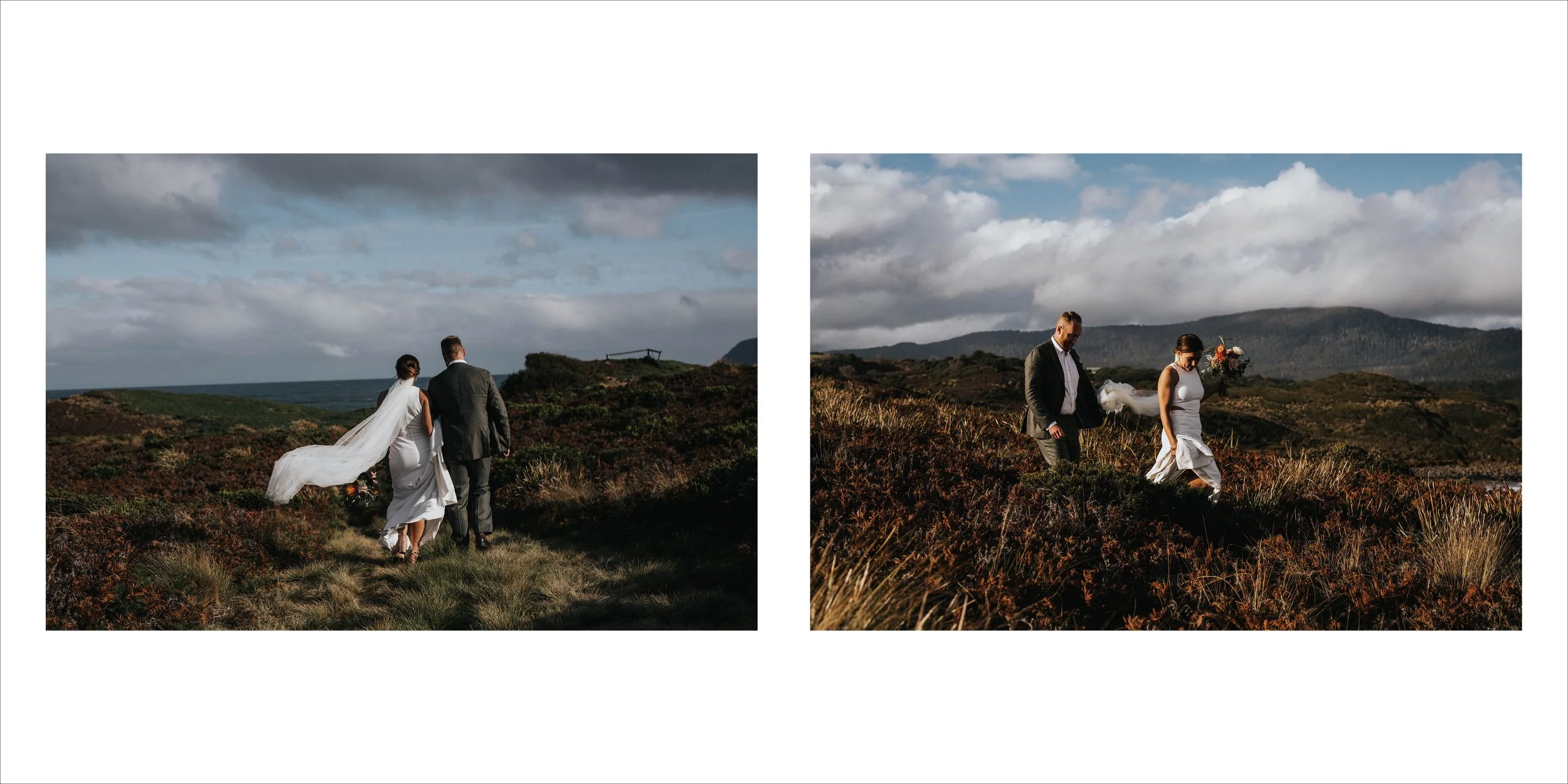 Two images of a bride and groom walking through a grassy, hilly landscape with mountains and cloudy skies in the background. In the left image, they are seen from behind, with the bride's veil flowing in the wind. In the right image, they are walking