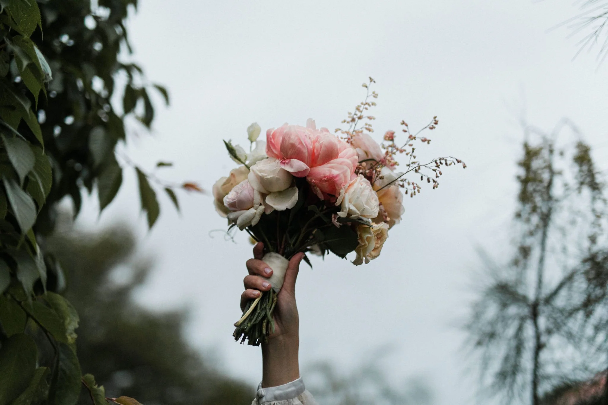 A person's hand holding a bouquet of pink, white, and cream roses with some small flowering branches against an overcast sky and blurred trees in the background.