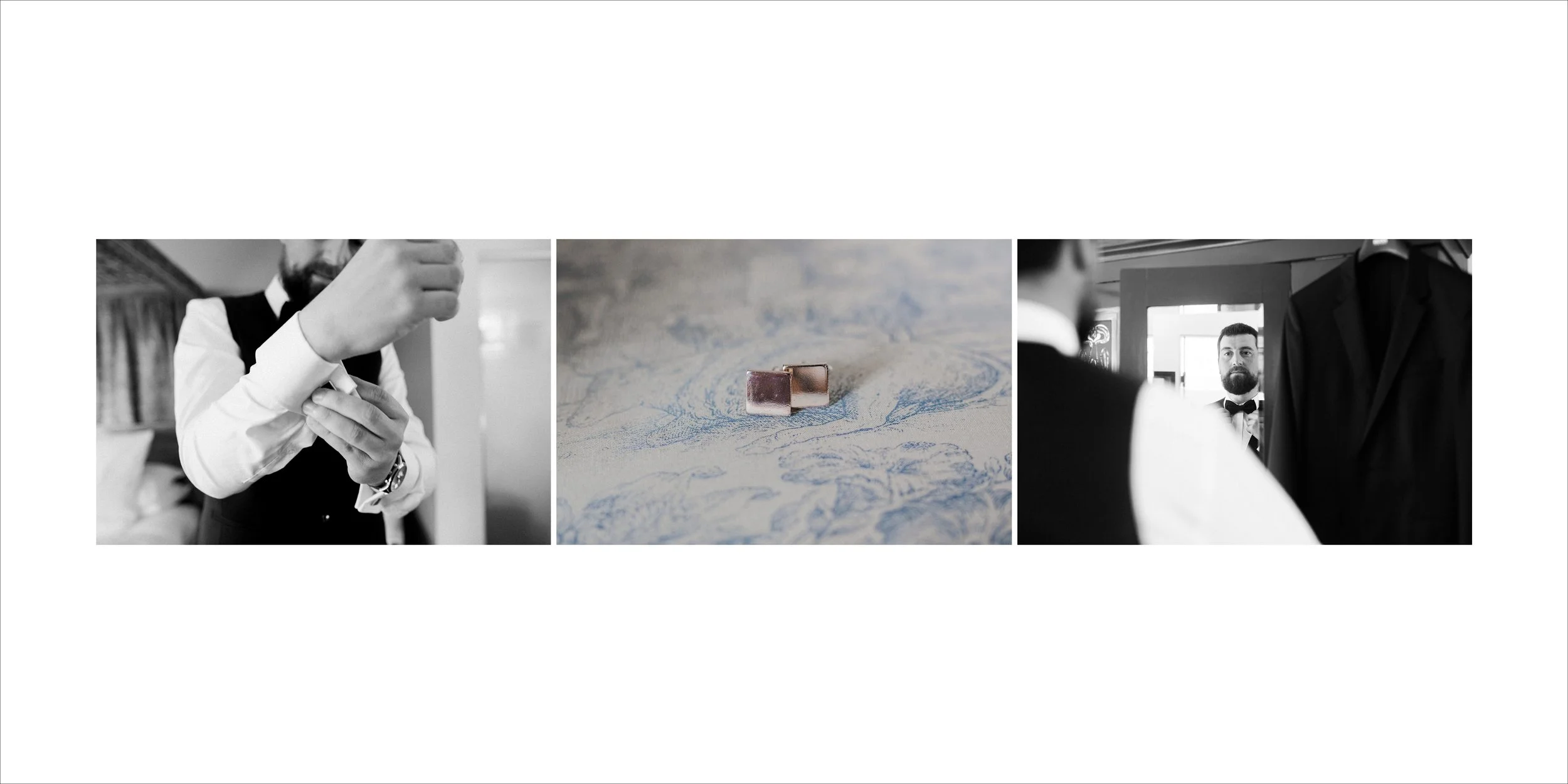 Three-part collage of a groom preparing for a wedding: first shows him adjusting his shirt and watch, second shows close-up of wedding rings on a textured surface, third shows him looking at himself in a mirror while wearing a tuxedo.