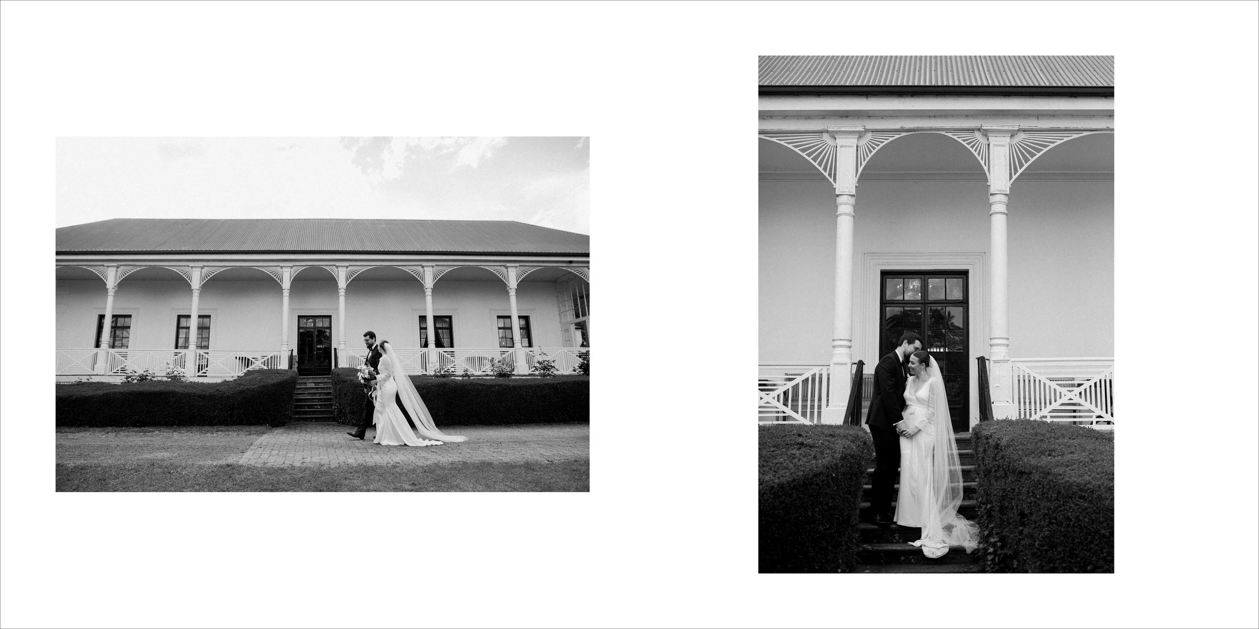 Black and white photo of a bride and groom on the steps in front of a white historic building with tall columns and a balcony, during a wedding.