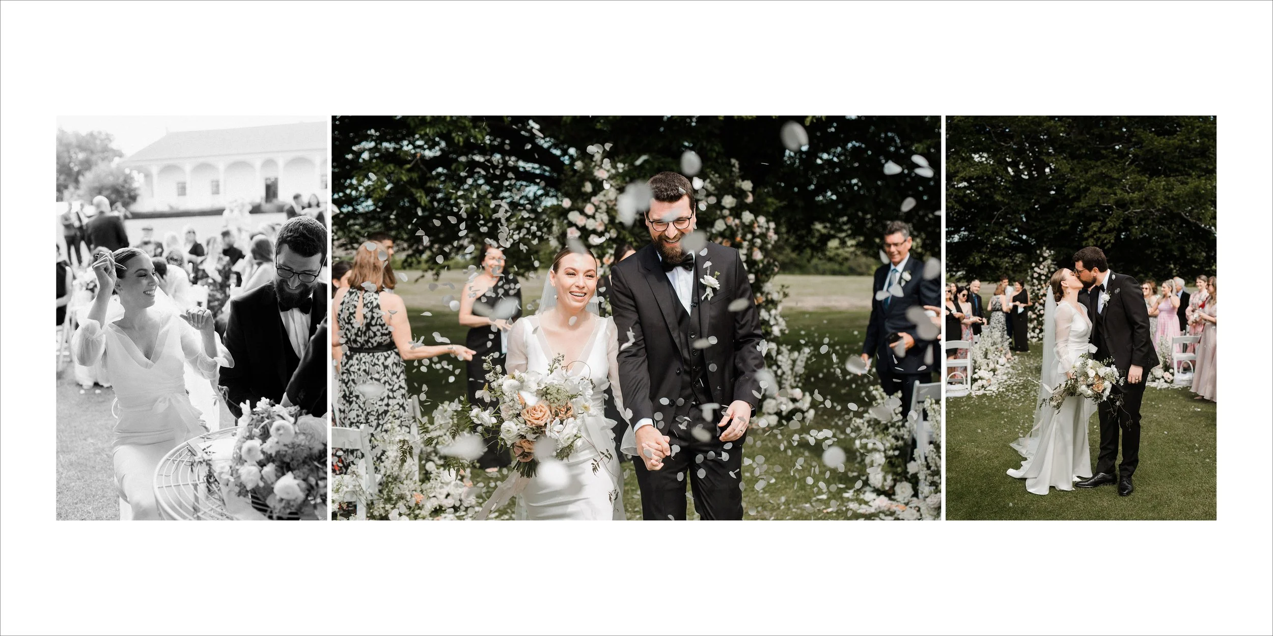 Sequence of three wedding photos: first photo in black and white showing a woman in a light dress and a man in a tuxedo with glasses, both smiling; second photo in color showing a bride and groom smiling as they walk under confetti falling, surrounde