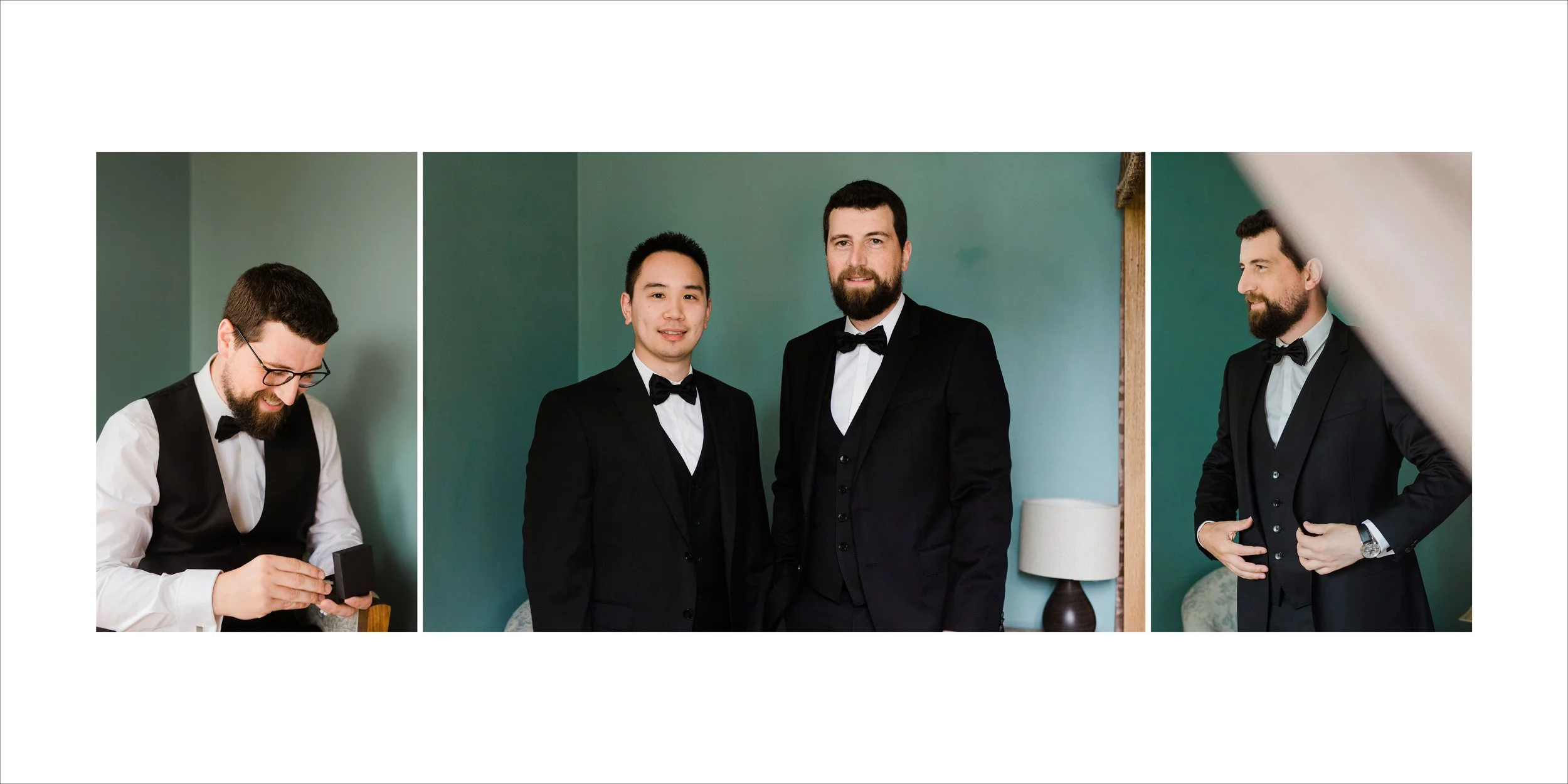 Three men dressed in formal black tuxedos with bow ties, standing together indoors in front of a green wall. One man on the left is looking down and smiling, the two on the right are posing and smiling at the camera.