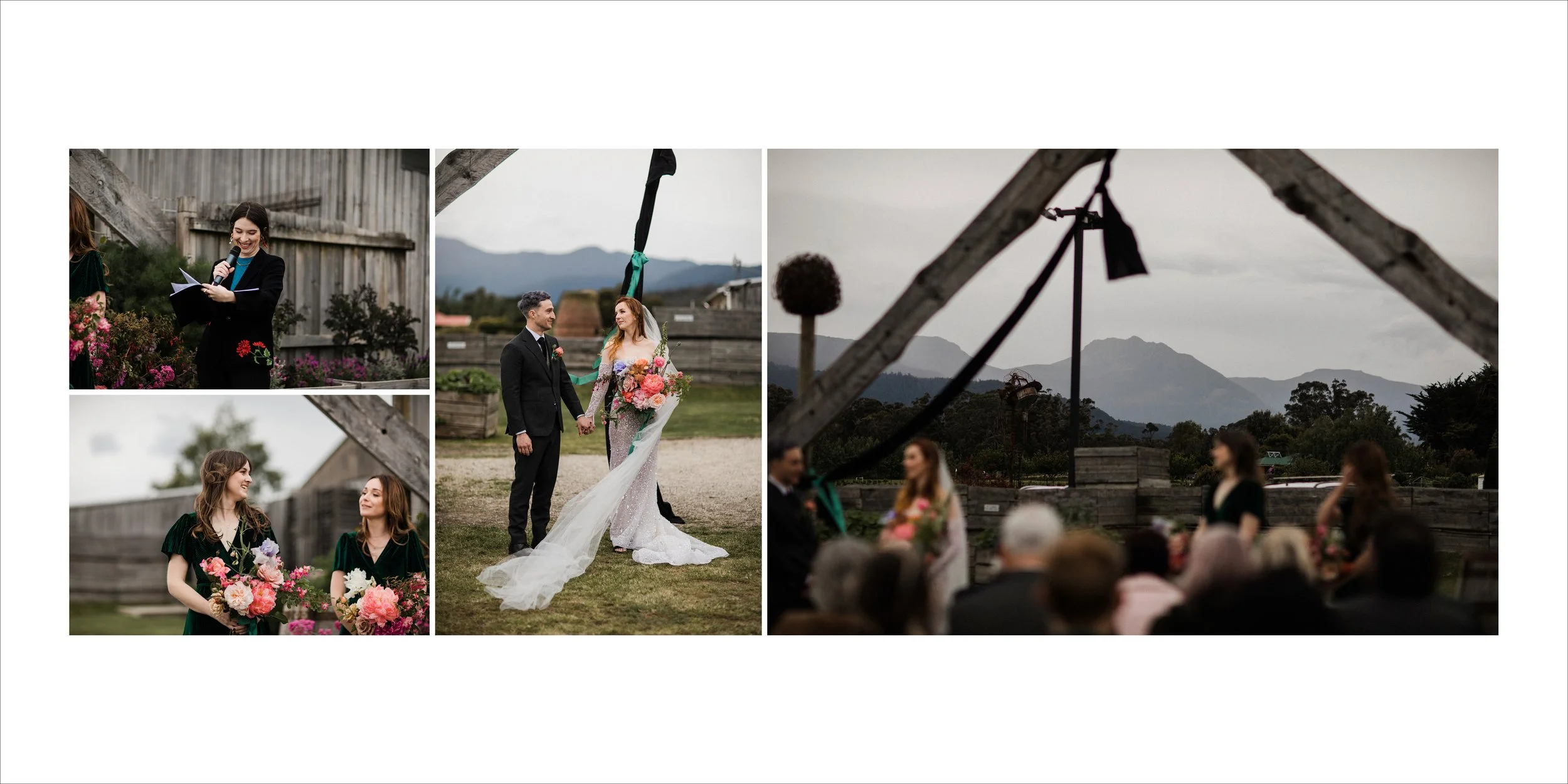 A collage of four wedding photos, including a woman reading vows, a bride and groom holding hands, two women with flower bouquets, and the wedding ceremony outside with guests and scenic mountain views in the background.