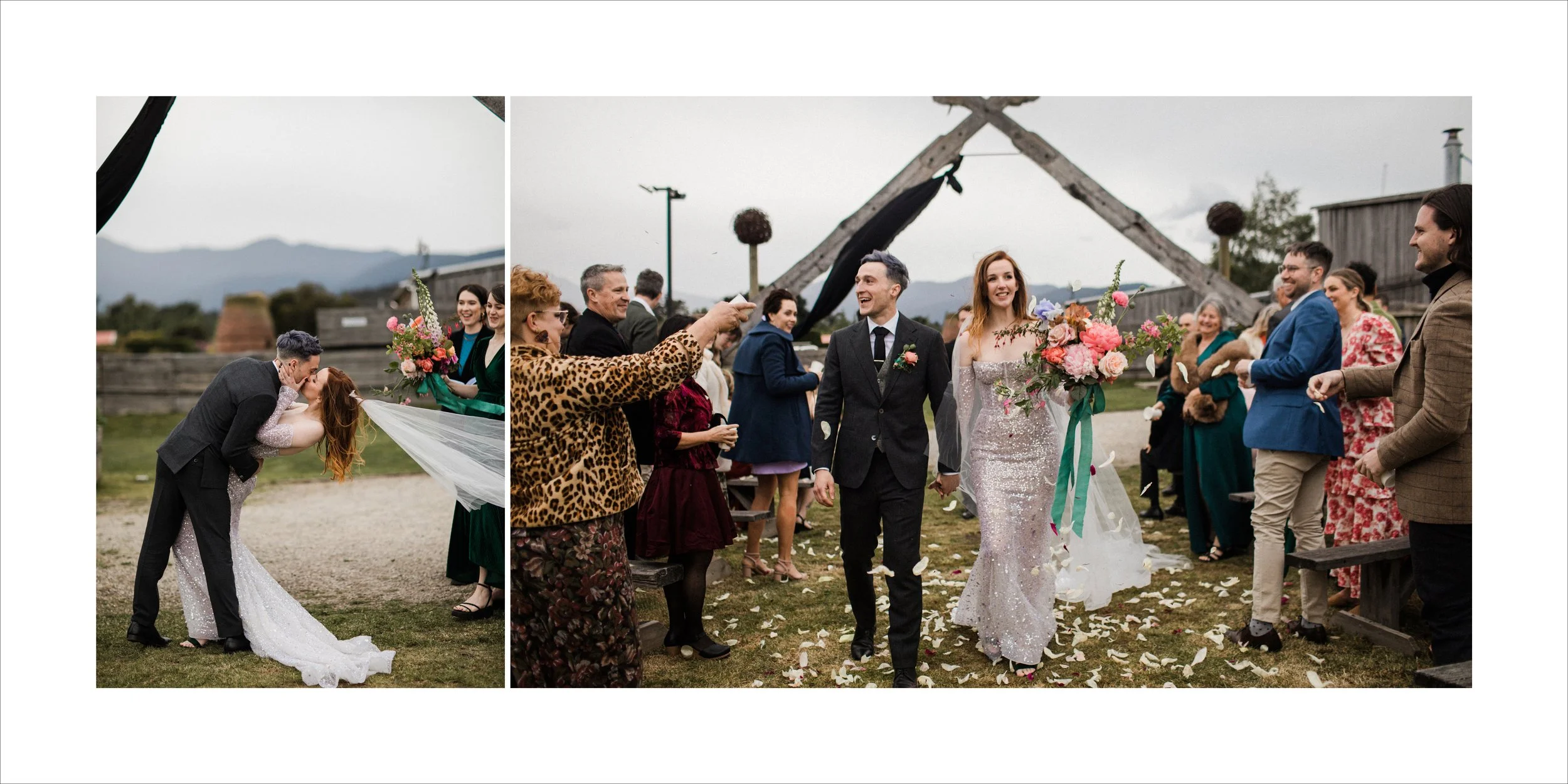 A wedding ceremony outdoors with the bride and groom walking down the aisle, holding hands, surrounded by friends and family, with guests throwing flower petals and celebrating.