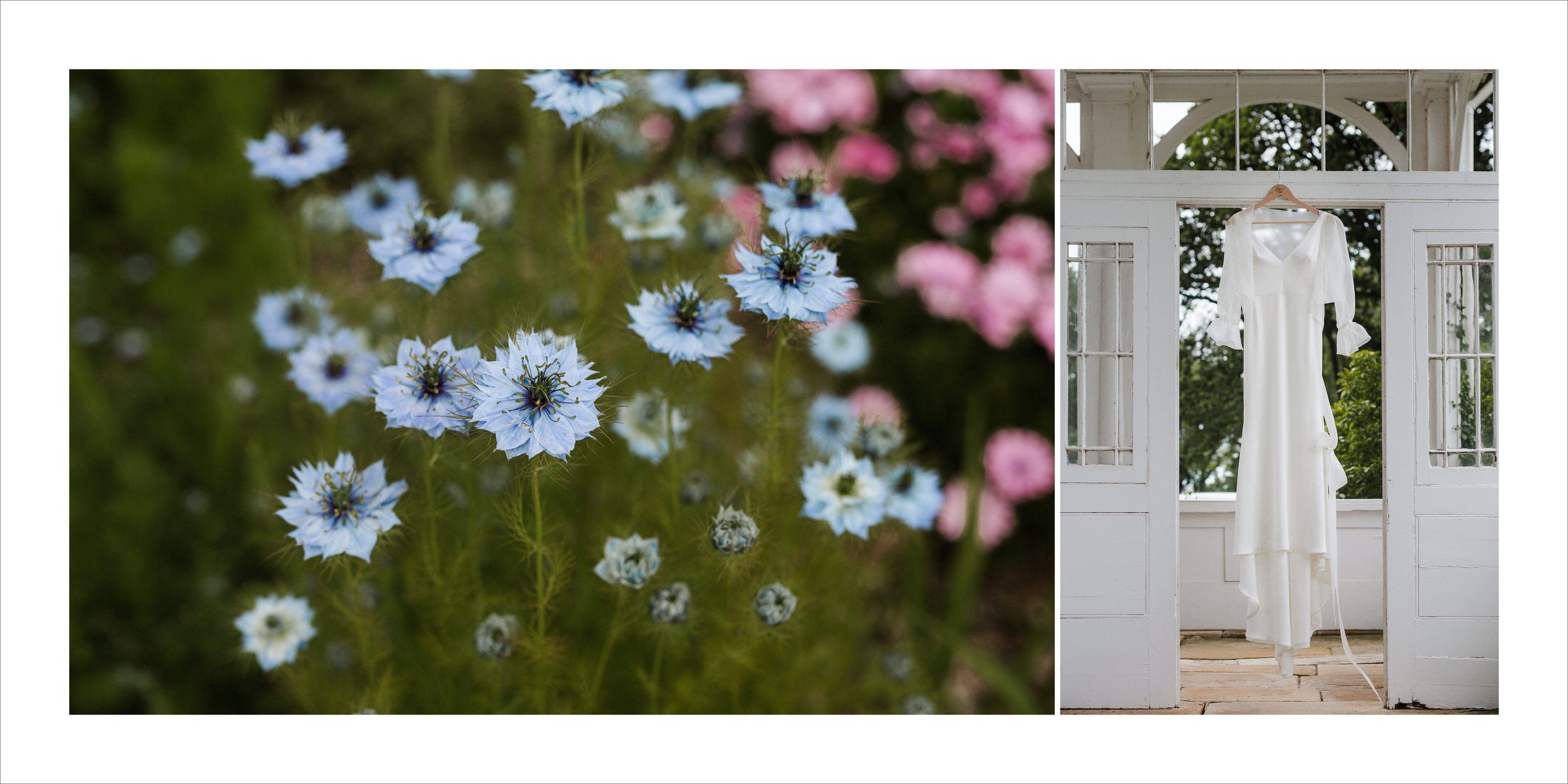 Close-up of blue and white flowers with pink flowers blurred in the background on the left, and a white dress hanging from a wooden frame on a porch with trees visible through the windows on the right.