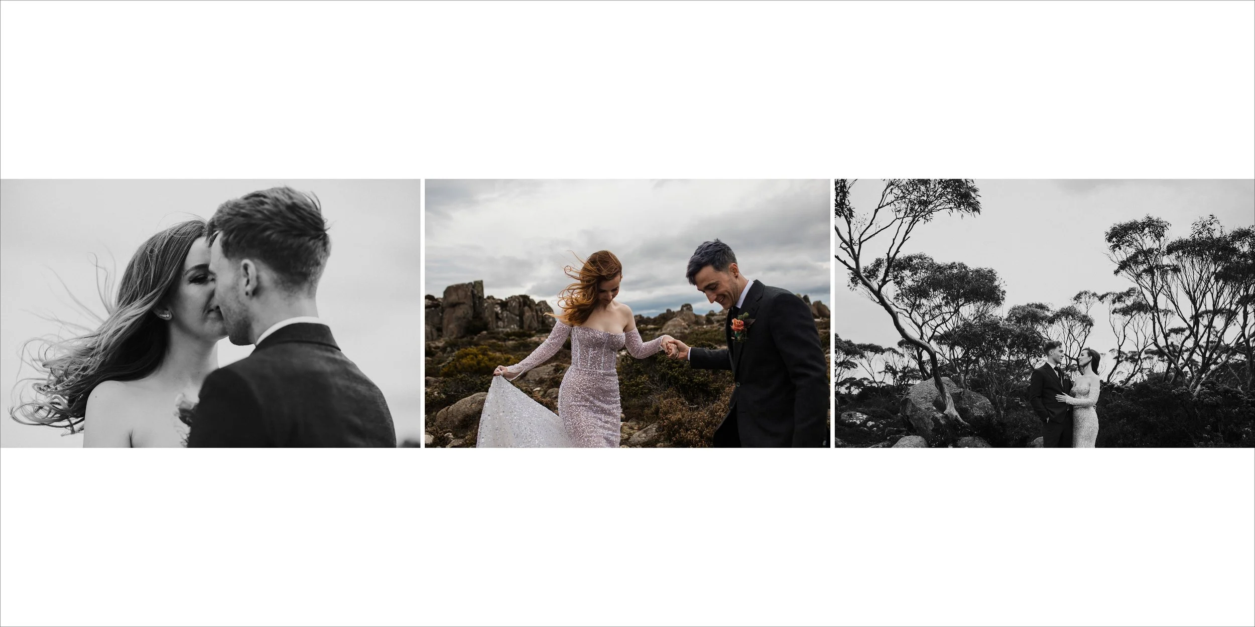 Triptych of wedding photos: first, a black-and-white close-up of a couple about to kiss; second, a couple holding hands in a rocky outdoor setting with wind-blown hair, the bride in a pink dress and the groom in a dark suit; third, a black-and-white 