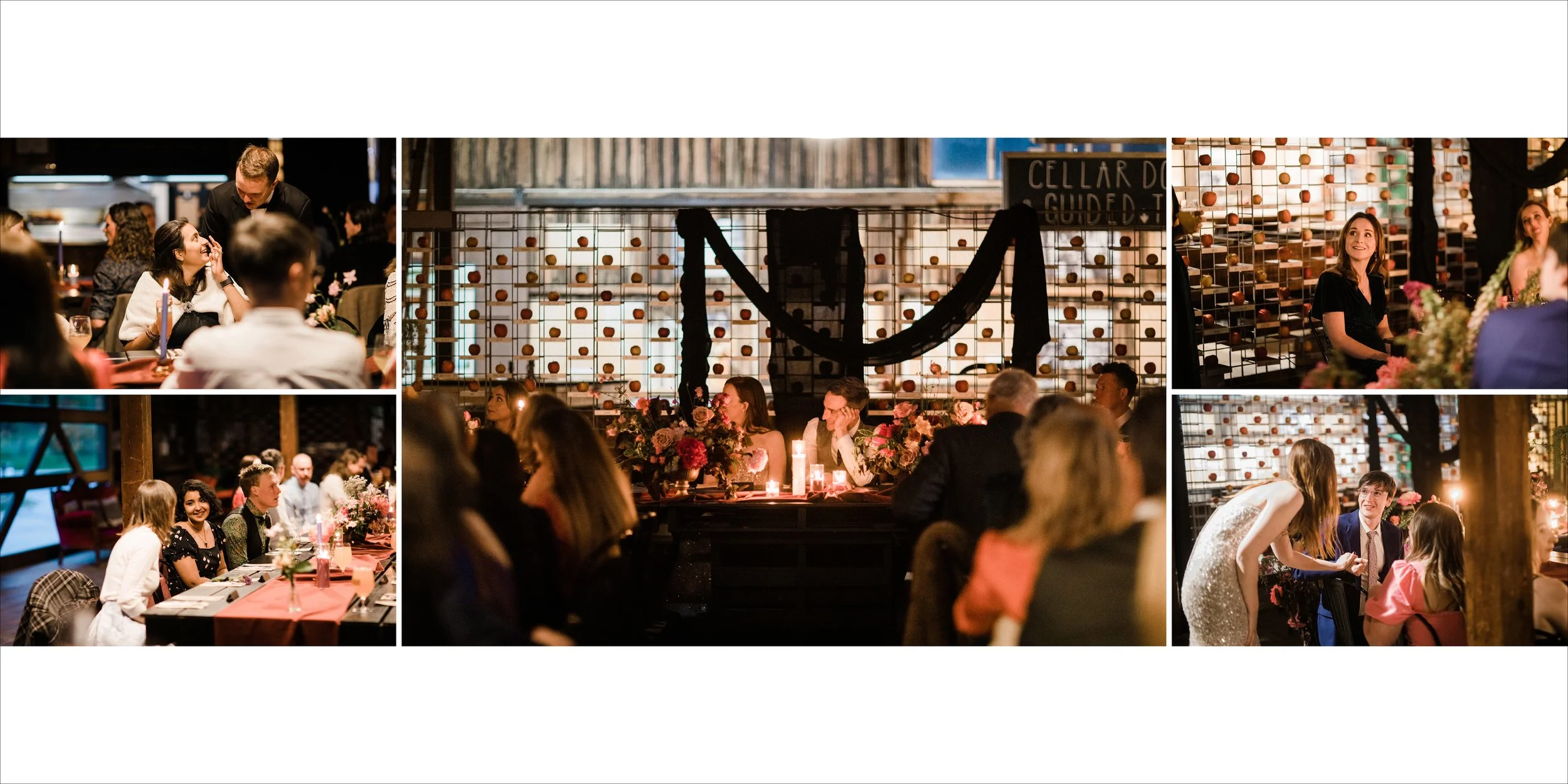 Collage of photos of people at a wedding reception, including guests sitting at tables, a bride serving cake, and a wedding couple smiling and talking, with floral decorations and a modern backdrop.