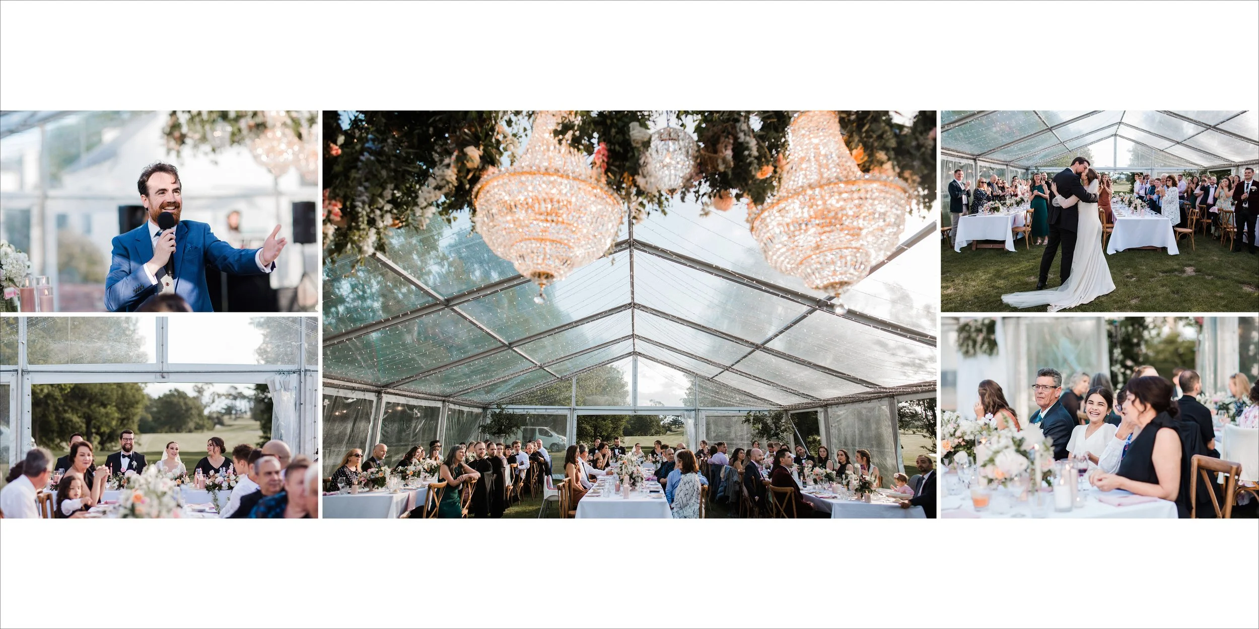 A wedding celebration inside a large glass tent with decorated tables and chandeliers; a bride and groom dancing; guests seated and enjoying the event; a speaker giving a toast or speech.