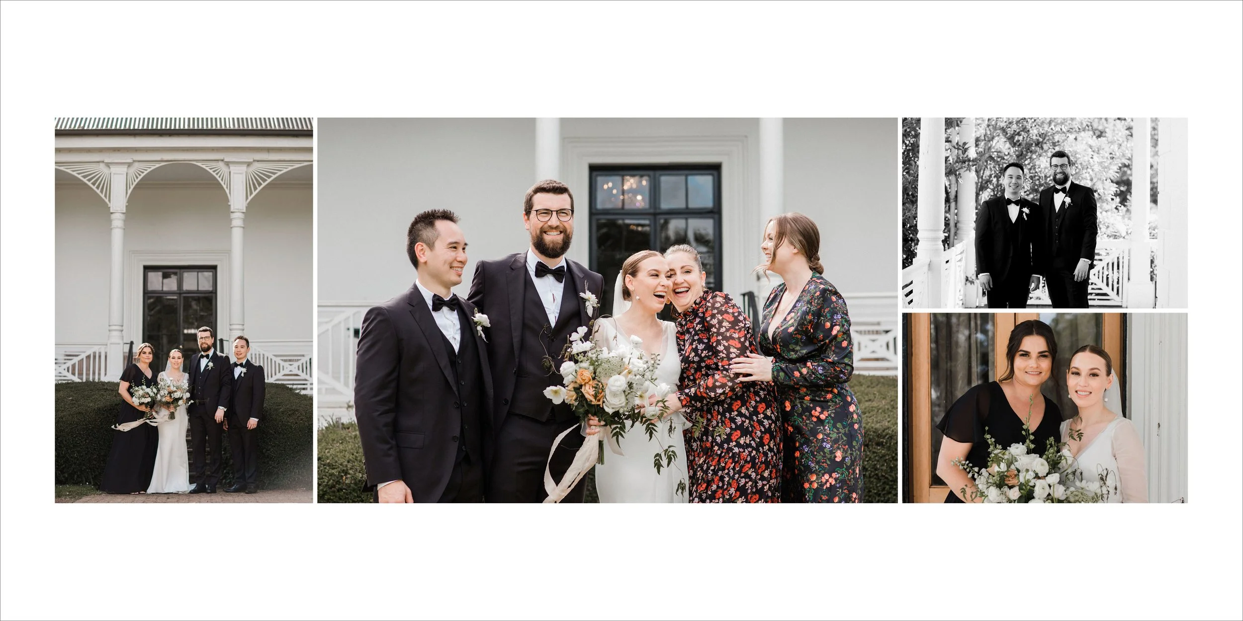 Collage of four wedding photos, including group portrait outside a white house, bride and groom with guests, two men in tuxedos, and two women with bouquets indoors.