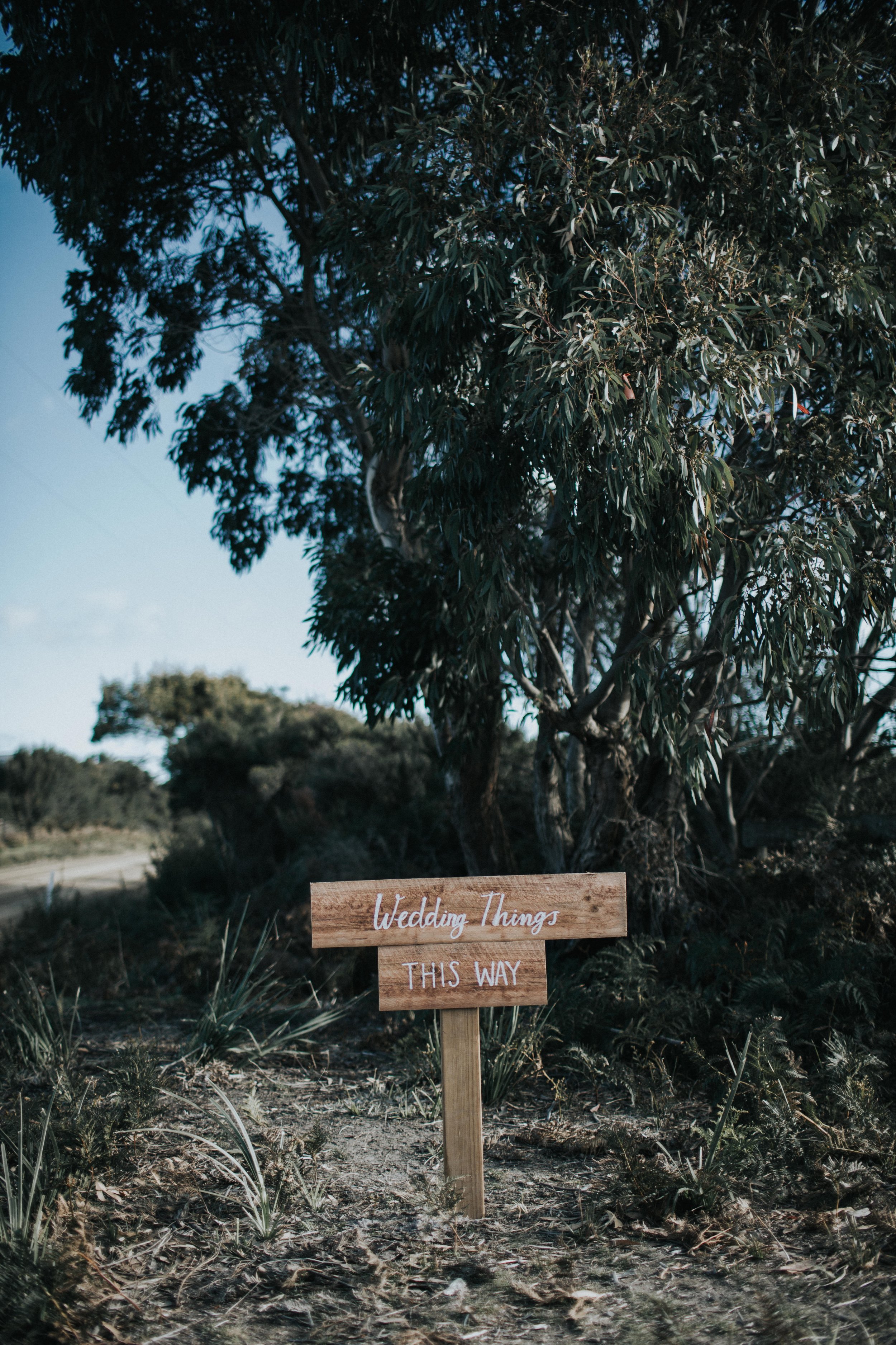 A wooden sign pointing the way for wedding-related events, reading 'Wedding Things This Way,' located outdoors among grass and trees under a blue sky.
